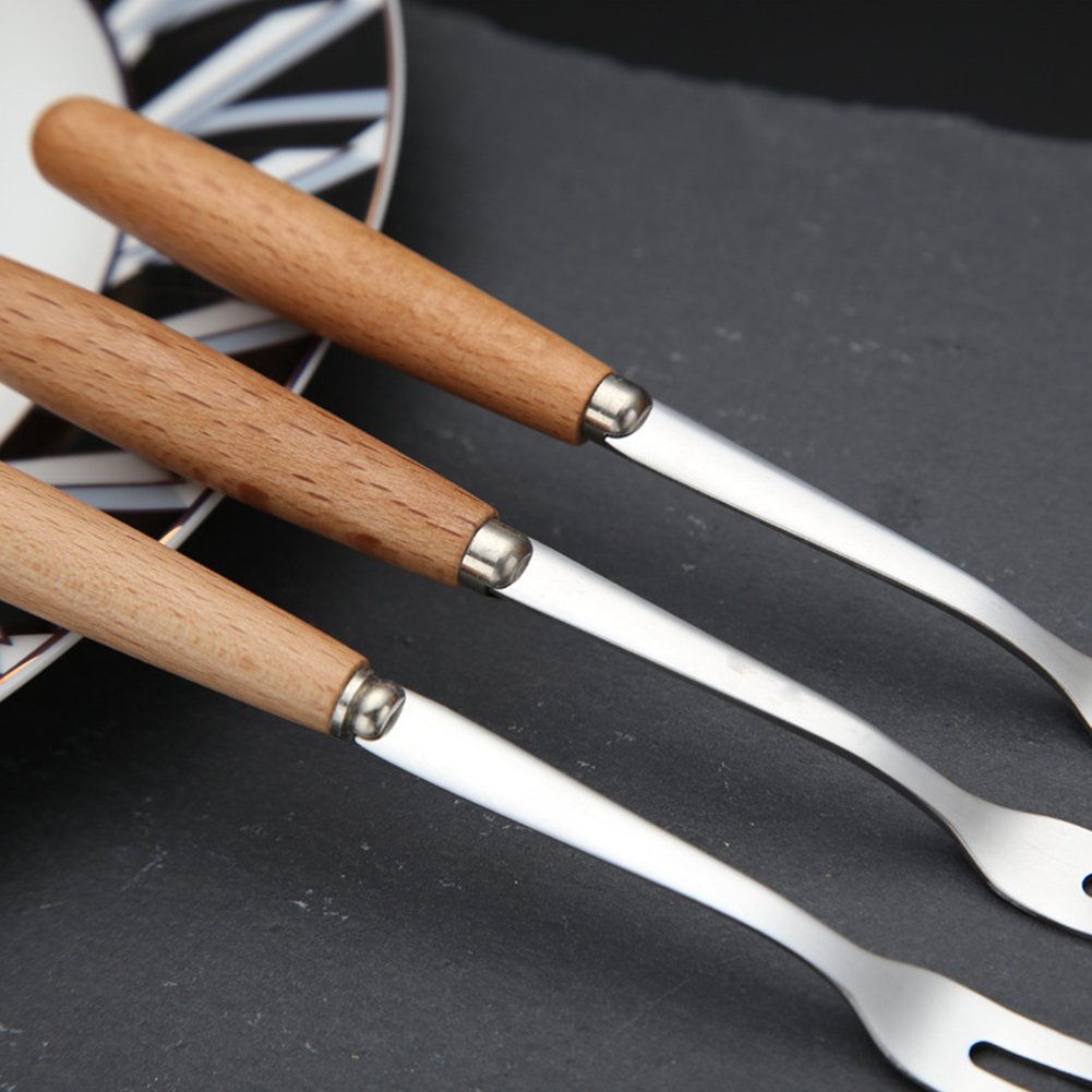 6 Pcs Wooden Handle Stainless Steel Two Prong Forks Fruit Cake Appetizer Forks