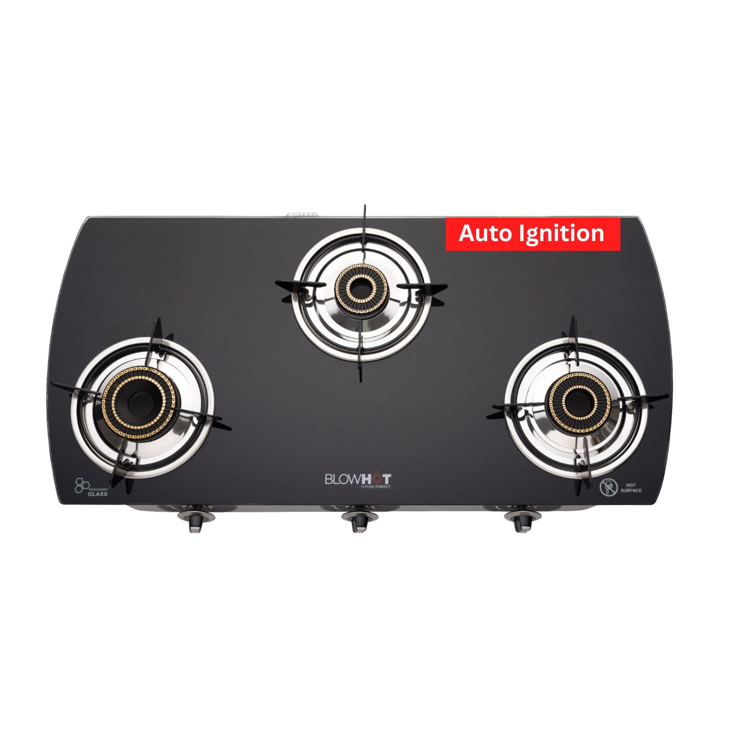 Blowhot Auto Ignition 3 Tornado Brass Burner Gas Stove | Toughened Glass Cooktop - Stainless Steel Frame-Isi Certified - 2 Year 