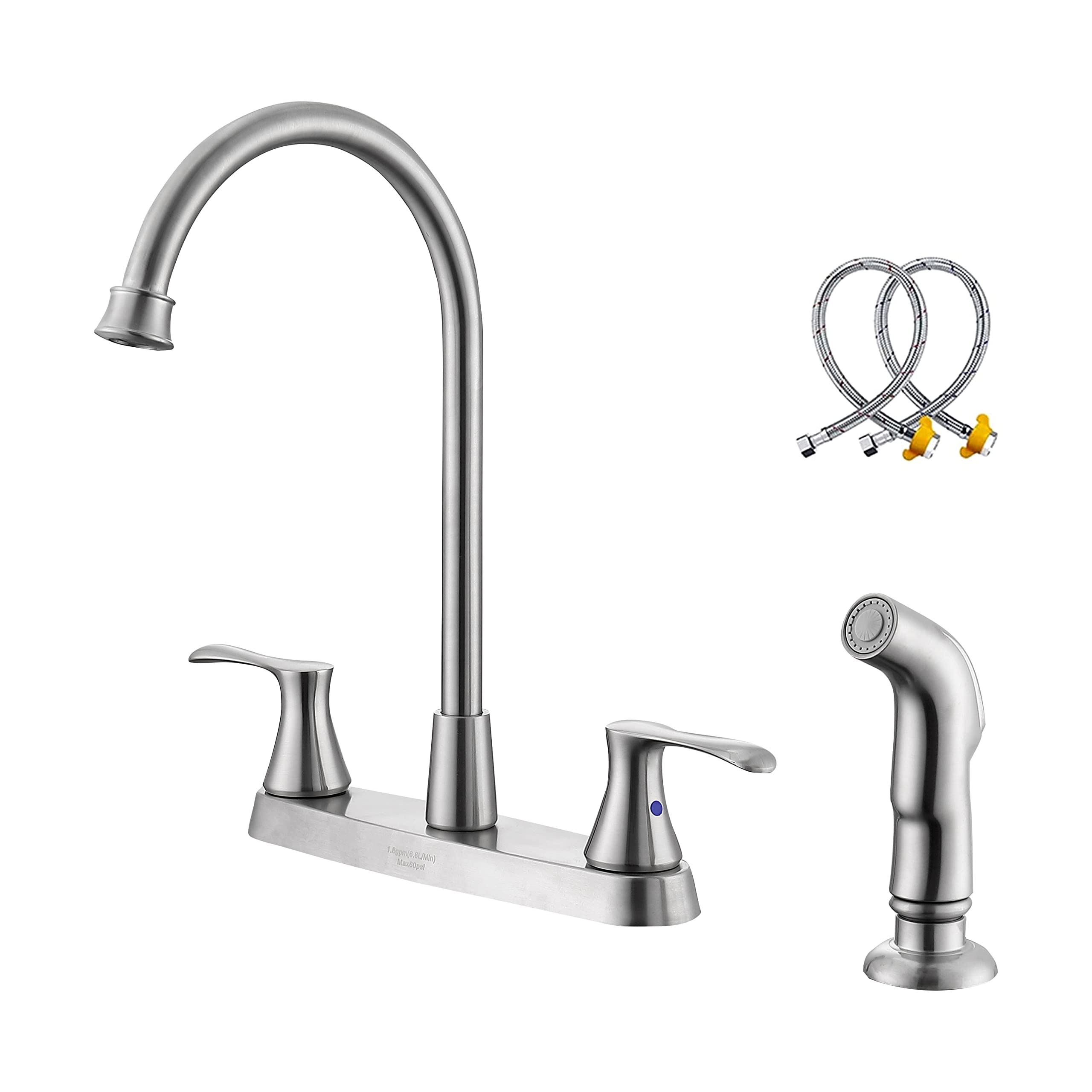 Kirlystone Kitchen Faucet With Side Sprayer, Brushed Nickel 2-Handle Faucet For 4 Holes Kitchen Sink
