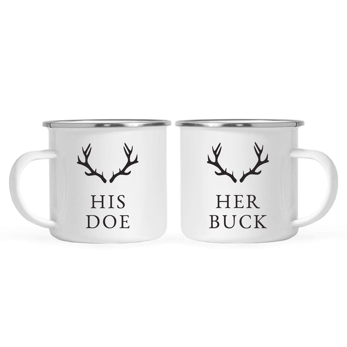 Andaz Press Stainless Steel Campfire Coffee Mugs Gift Set, His Doe, Her Buck, Deer Antlers Graphic, 2-Pack, Woodland Couple Chri