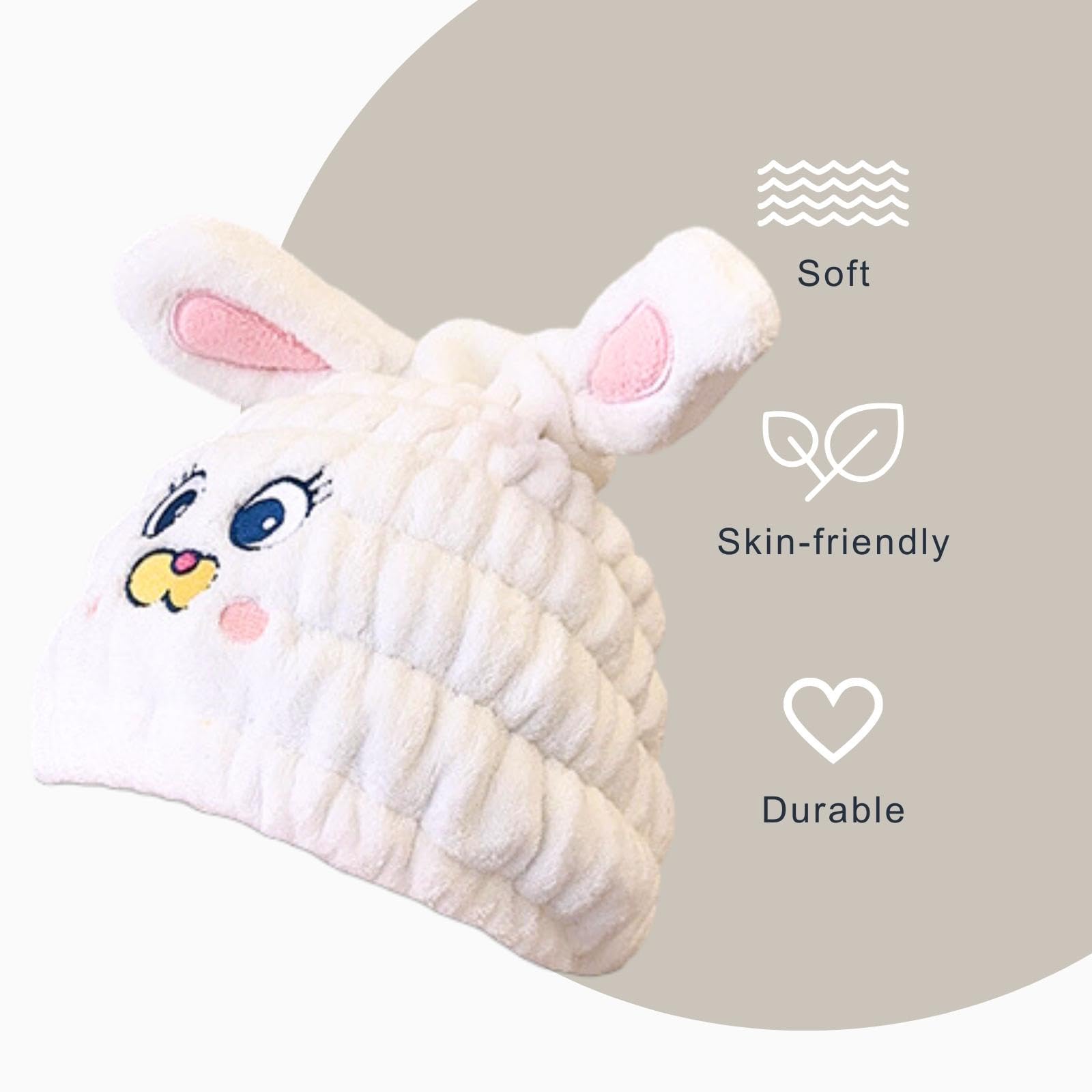 LCBD Microfiber Hair Towel Wrap for Kids, White Rabbit Dry Hair Cap Set with Hair Scrunchies, Absorbent Quick Hair Drying Towel