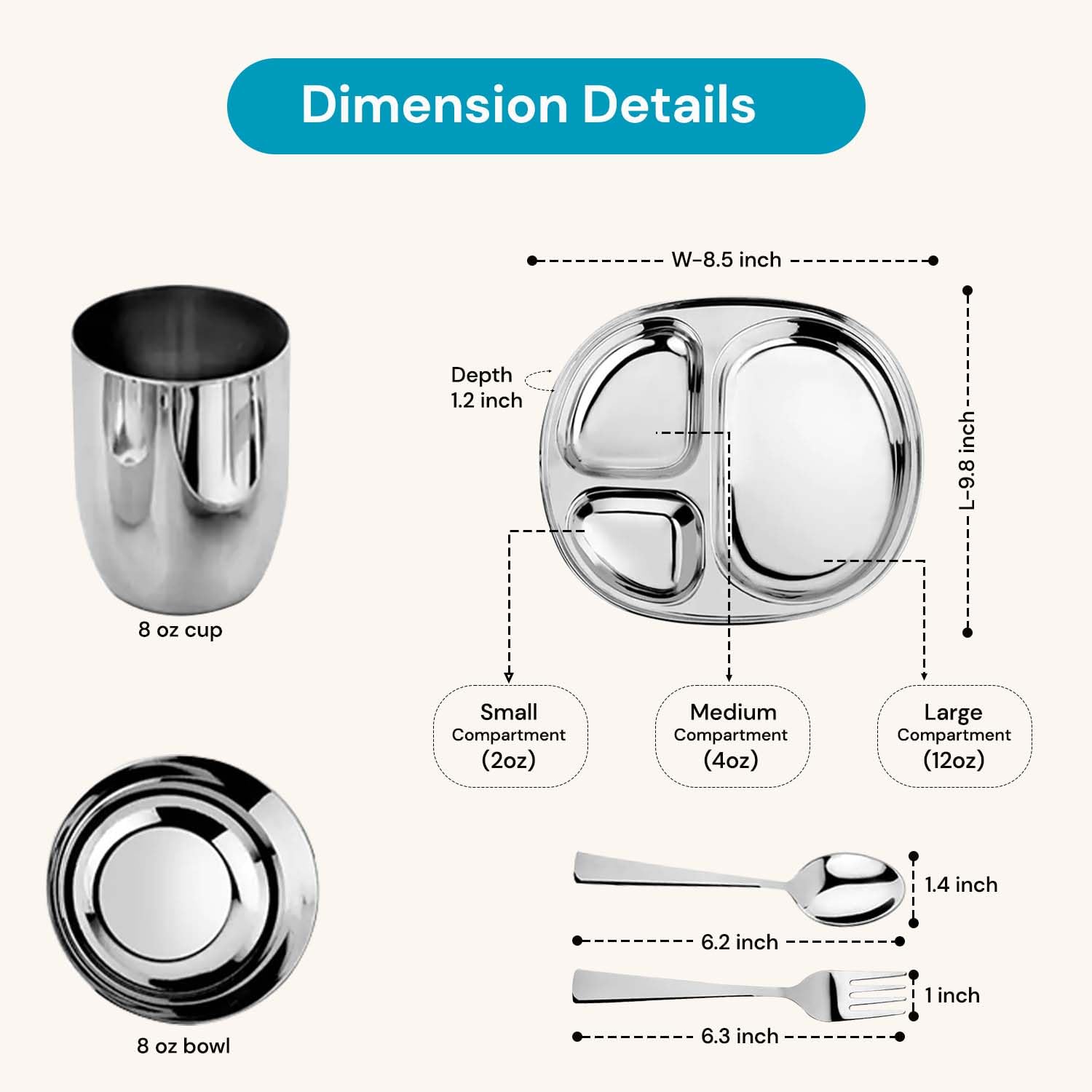Ahimsa Stainless Steel 5 Piece Dinnerware Set - BPA Free, Pediatrician Designed, Mindful Mealtime Set - Classic Steel