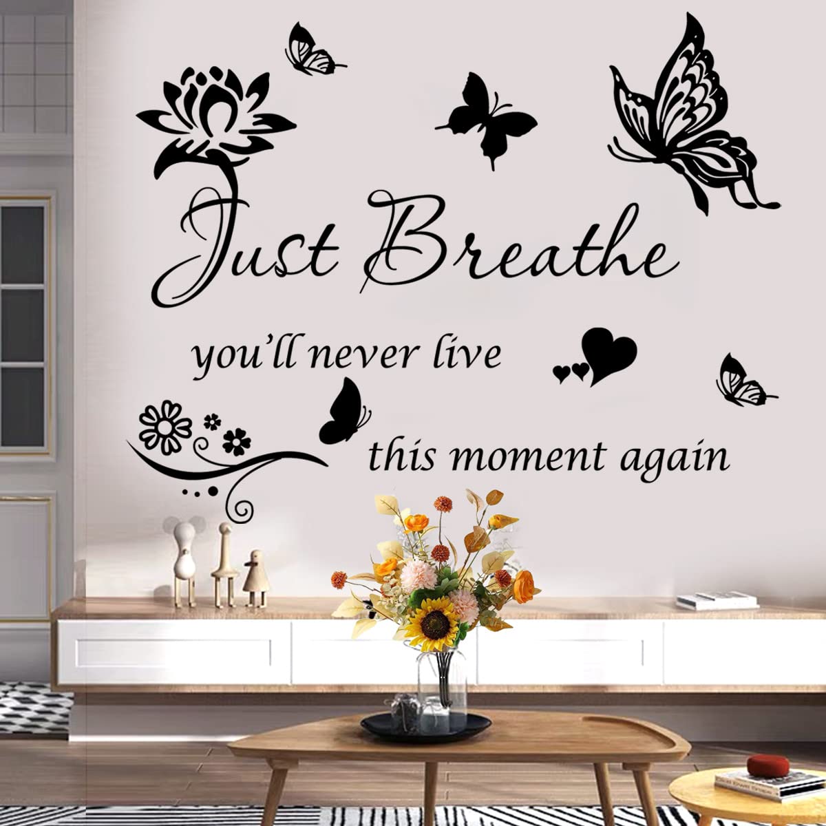 Wall Sticker Inspiring Positive Quotes Just Breath Wall Decals Quotes Inspirational Wall Art Stickers Encouragement Gifts for Women Girls Bedroom Living Room Wall Decor Home Decoration.