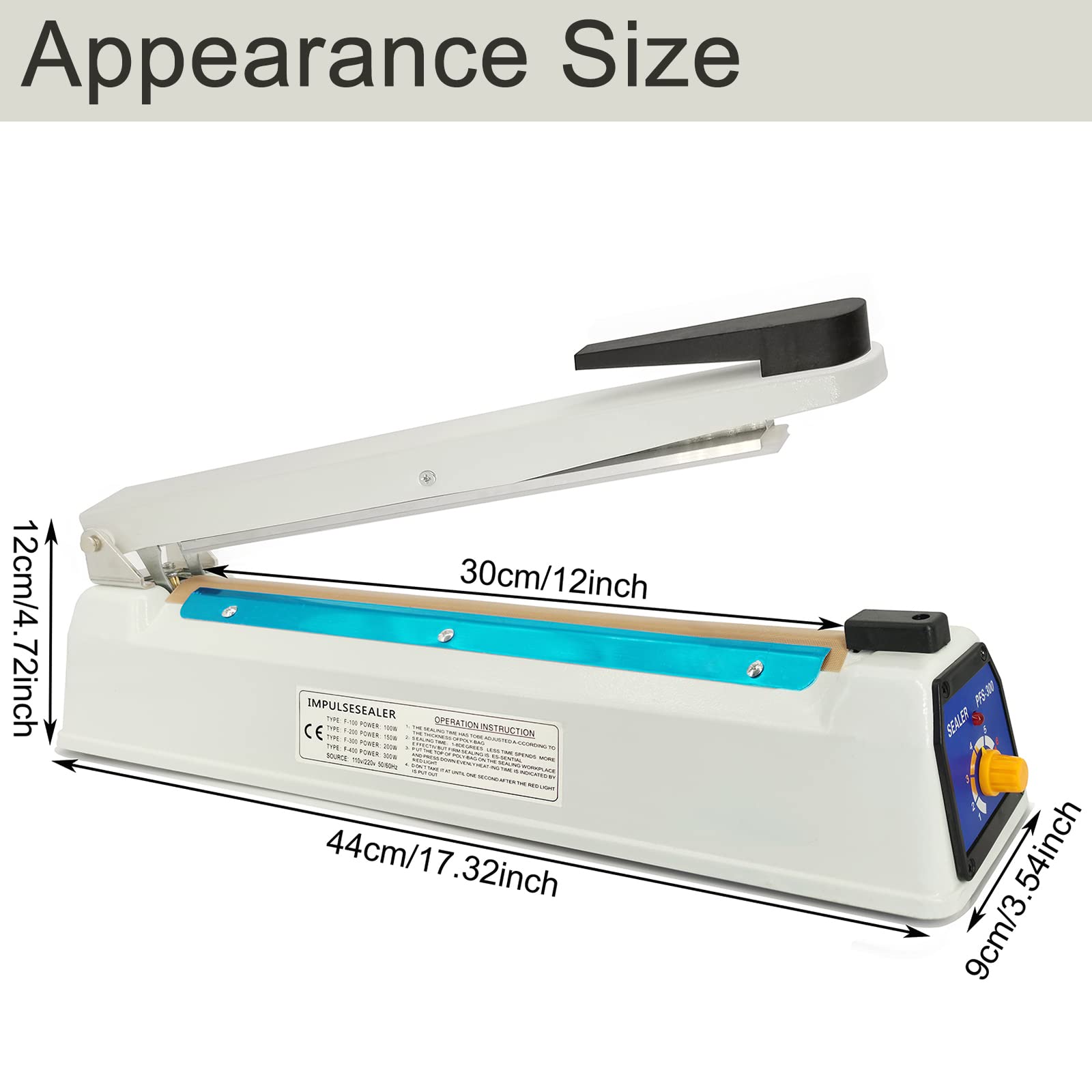 Impulse Heat Sealer 12 Inch 5mm Mylar Bag Sealer  Iron Shell Sealer  Plastic Bag Sealer Machine  with 4 Replacements Kit (2 Cutting Lines Included)