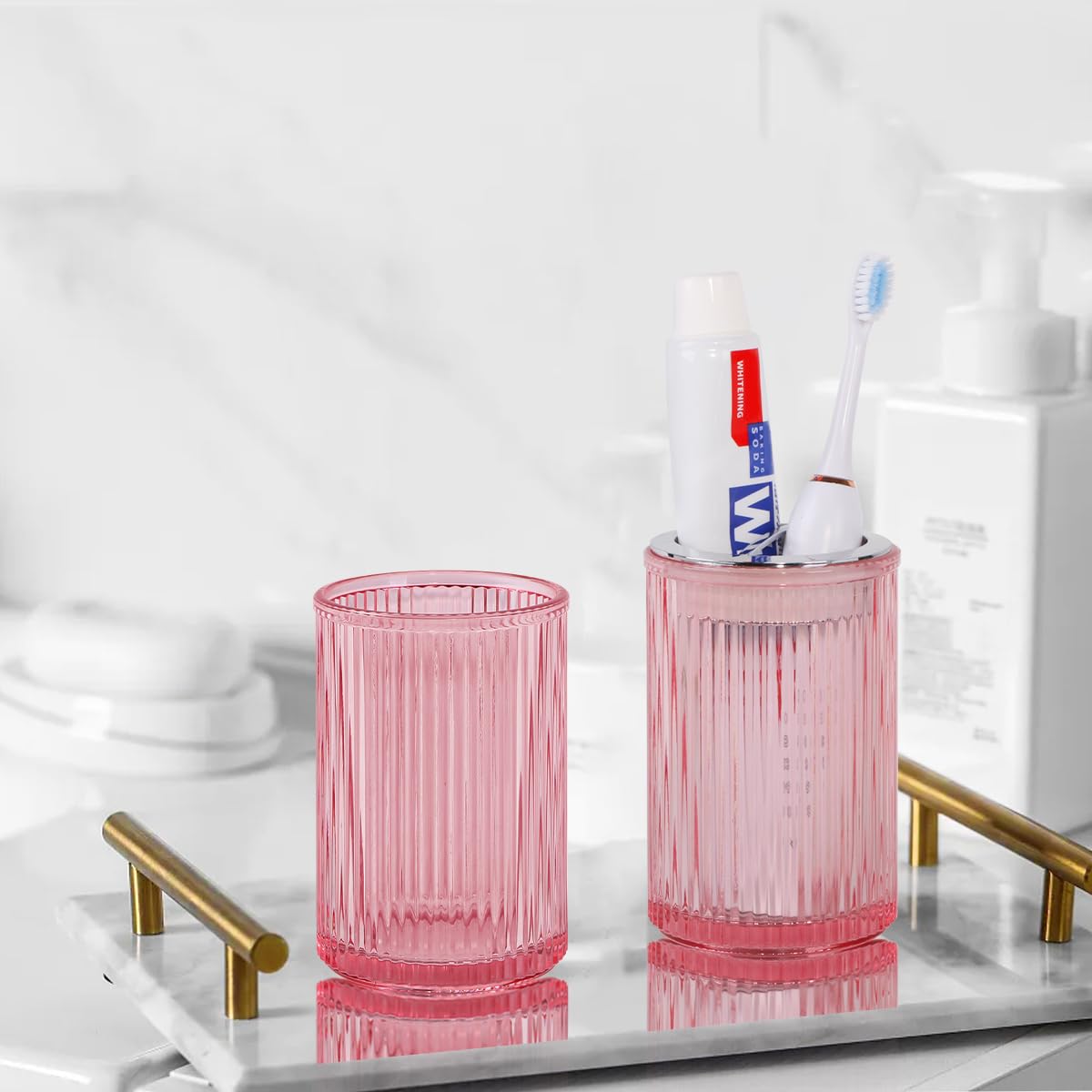 Tonxus Pink Toothbrush Holders for Bathrooms, 2pcs Glass Toothbrush Holder and 12oz Bathroom Tumbler Cup Set, Silver Tooth Brush