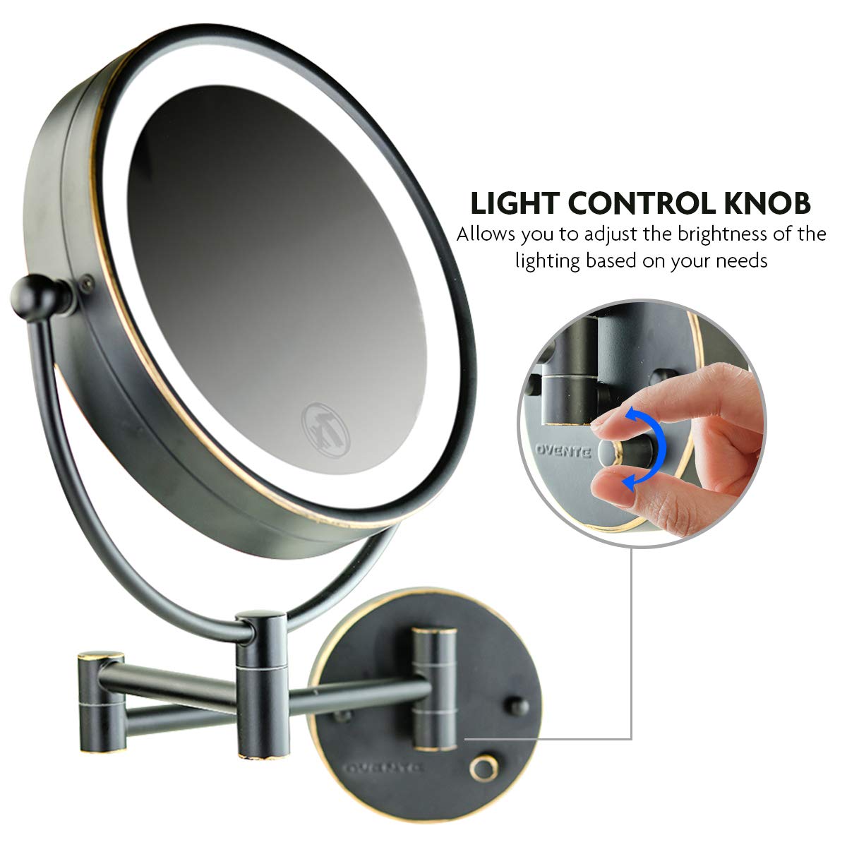 Ovente 9'' Lighted Wall Mount Makeup Mirror - 1X/ 7X Magnifier, Hardwired Glow Cosmetic Light Mirror, Spinning 360-Degree, Doubl