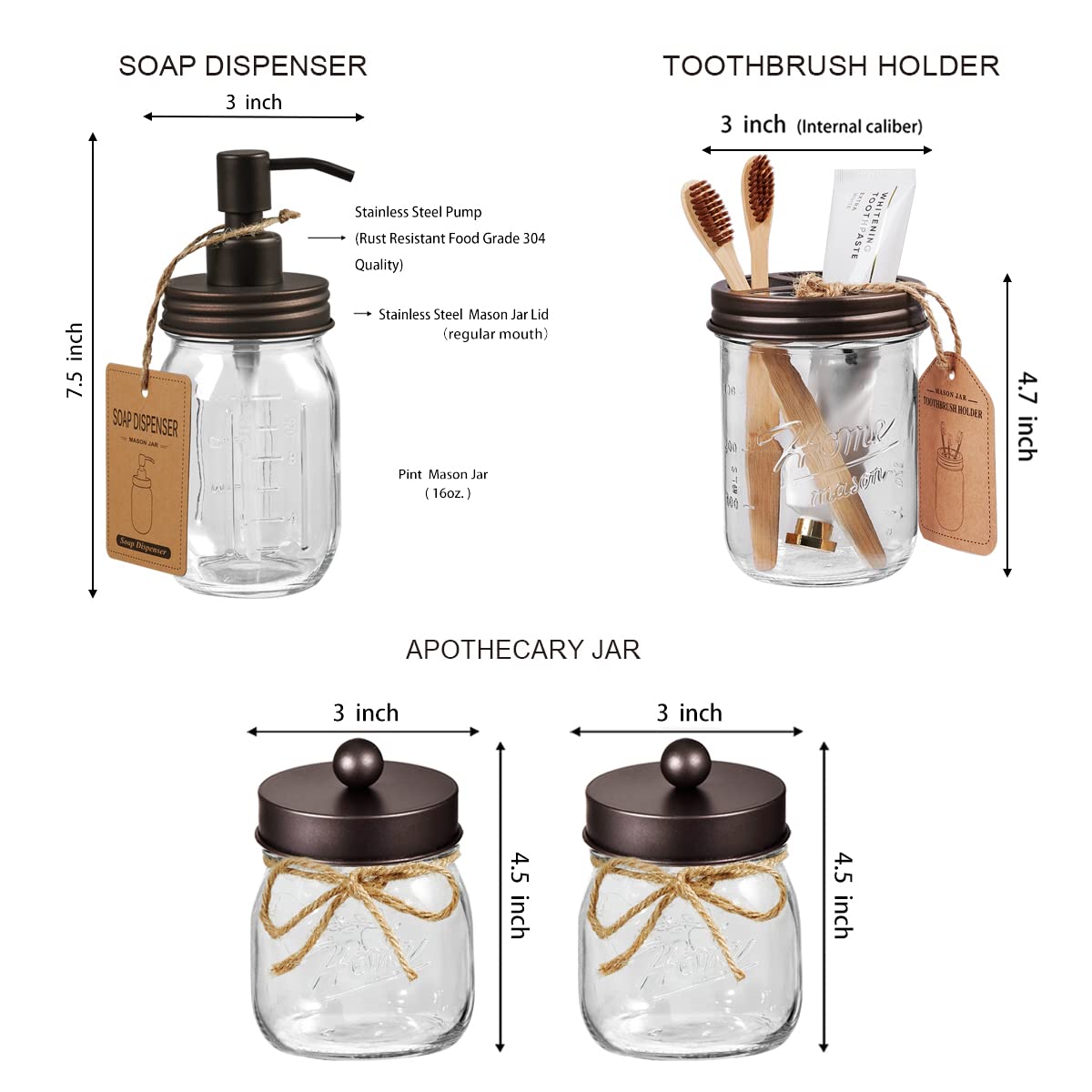 Sheechung Mason Jar Bathroom Accessories Set (6Pcs) Rustic Farmhouse Decor - Lotion Soap Dispenser, Toothbrush Holder, 2 Apothec