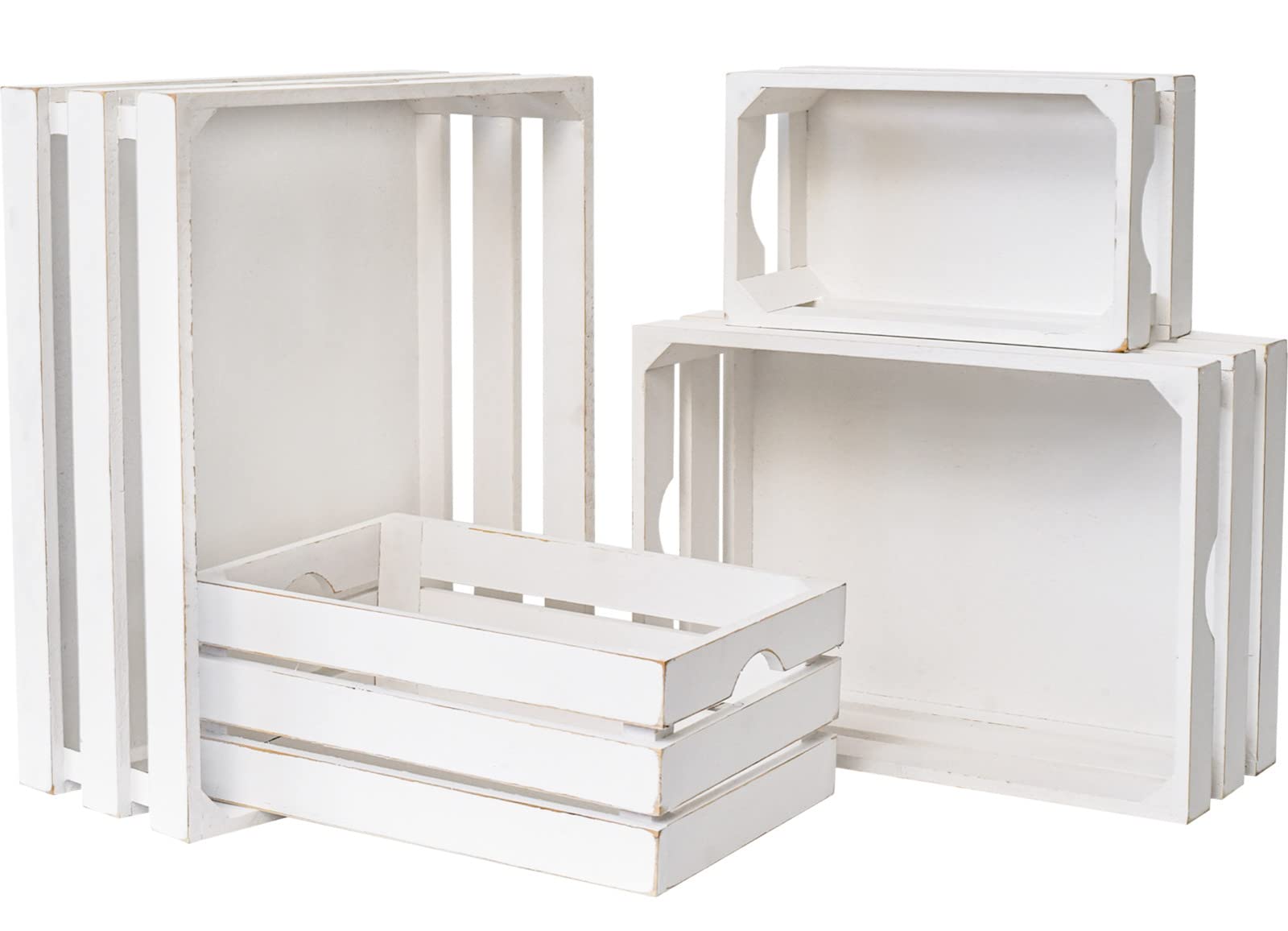 MACVAD Set of 4 Large Wooden Crates Decorative, Whitewashed Nesting Wooden Crates for Display Rustic, Farmhouse Wooden Storage C