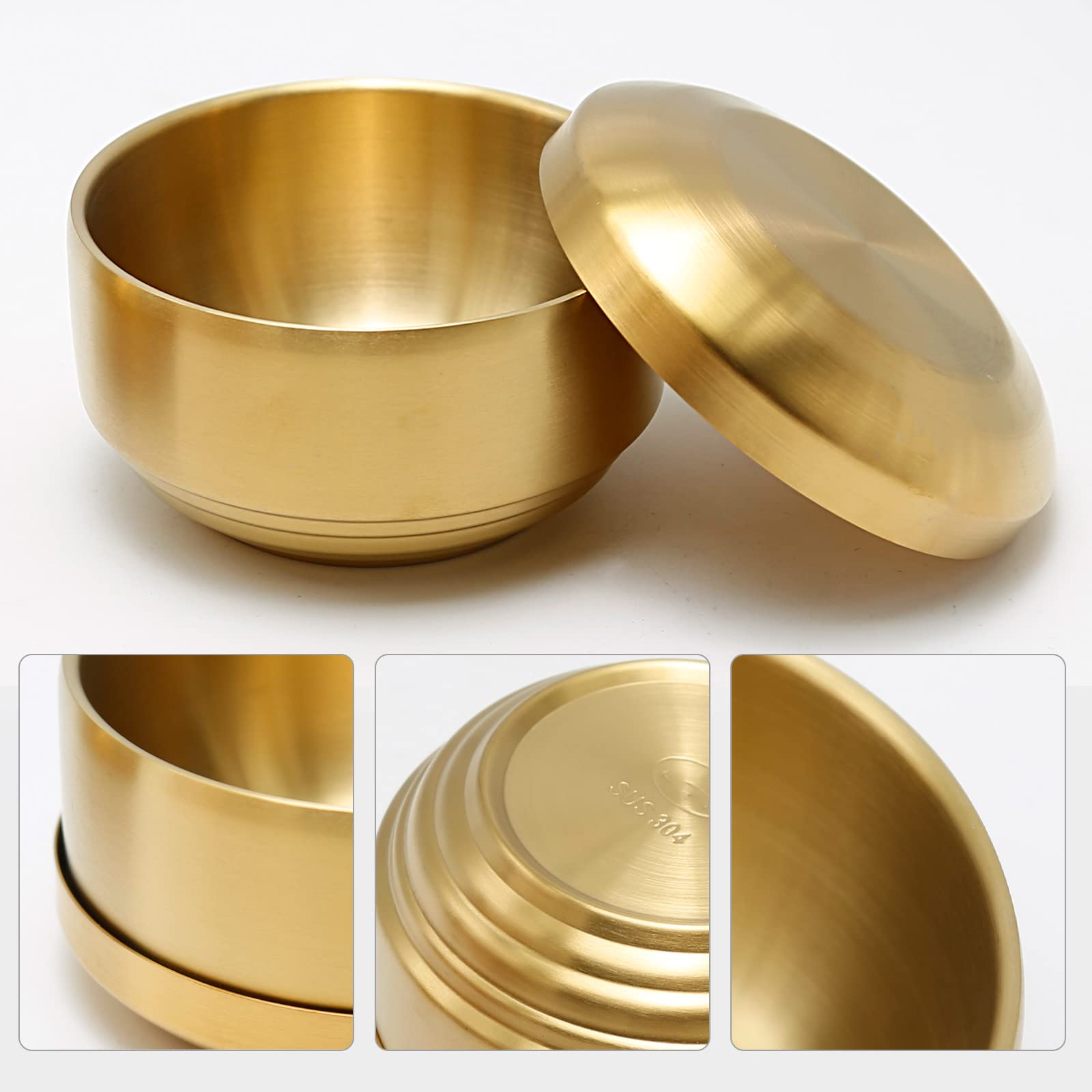 Mdeoosky 2Pcs 304 Stainless Steel Rice Bowls, Gold Metal Bowl With Lid, Double Layer Anti Scalding Bowl, Rice Bowls Soup Bowl Sa