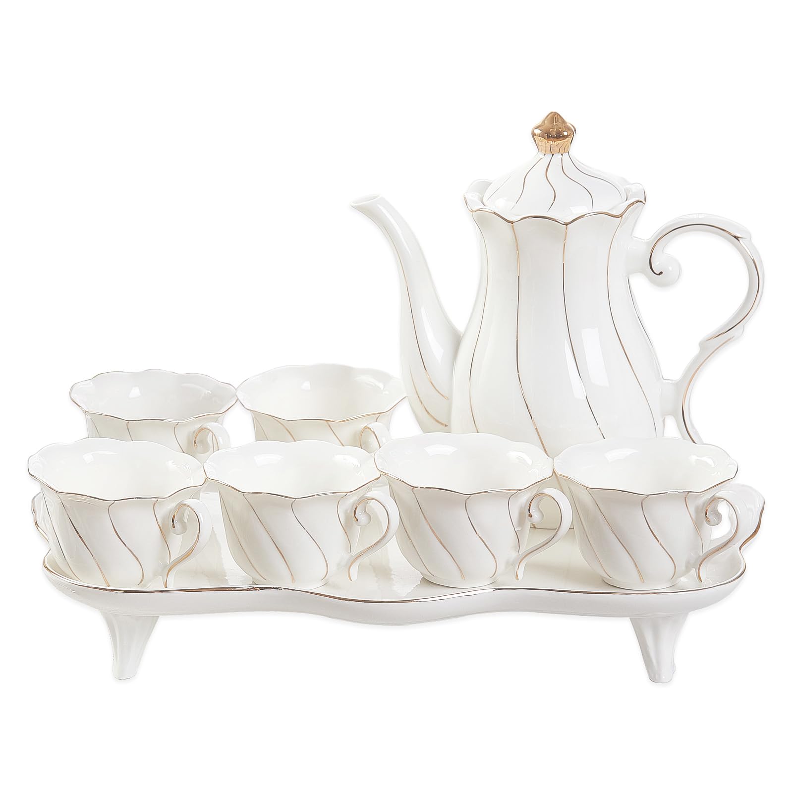 Dujust 14 Pcs Tea Set For 6 With Tea Tray & Spoons, Luxury British Style Tea/Coffee Cup Set With Golden Trim, Beautiful Porcelai