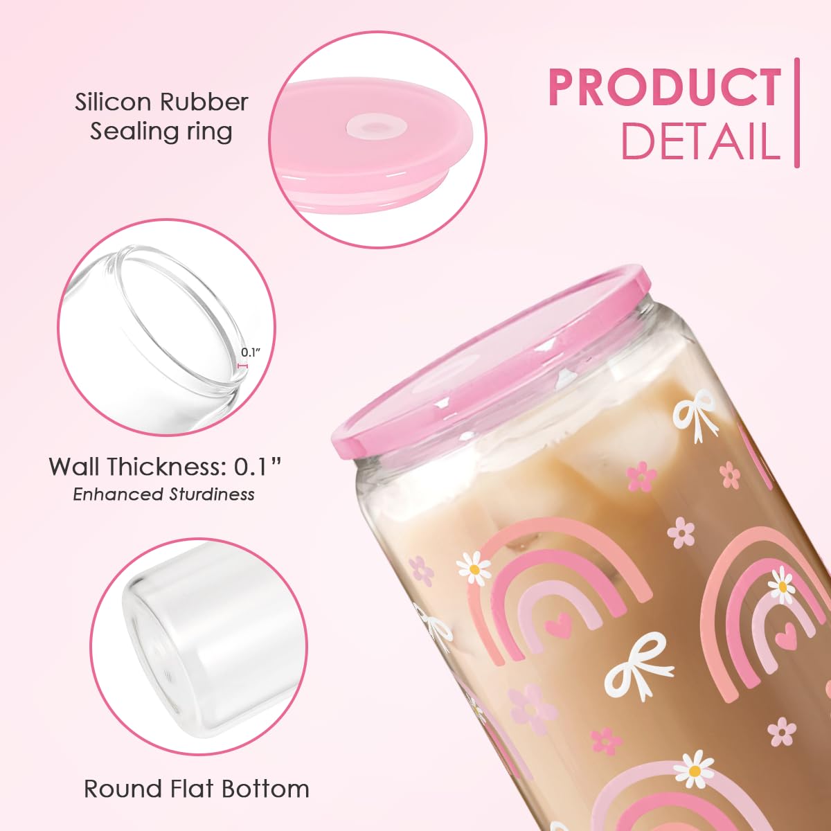 Rainbow 16oz Can Glass Tumbler with Acrylic Lid & Straw, Iced Coffee Cup for Women Girls, Aesthetic Cups Gifts for Birthday Chri