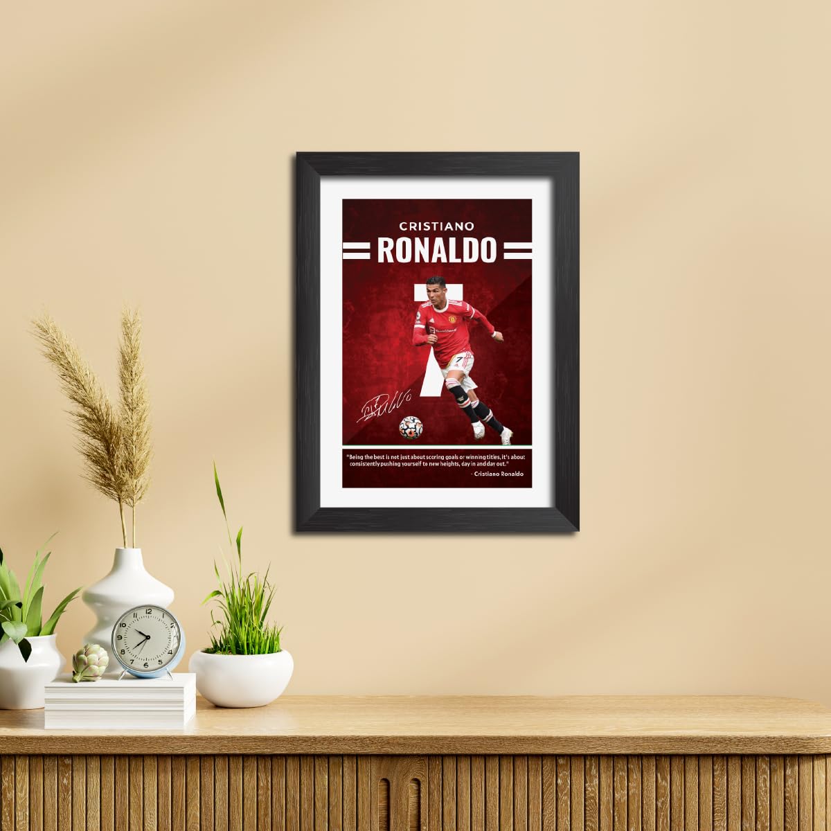 TenorArts Cristiano Ronaldo Poster Manchester United Quotes with Signature Laminated Photo Frame Painting with Matt Finish Black