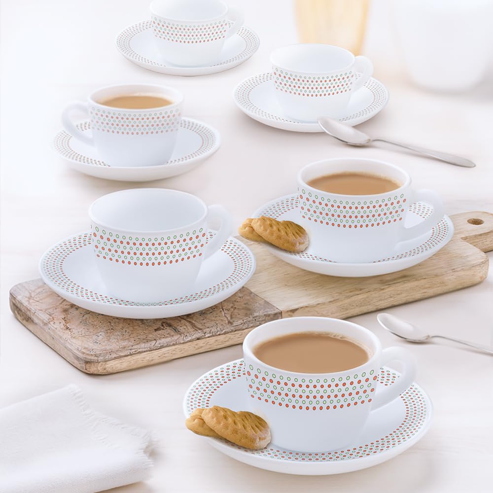 Larah By Borosil Waltz Opalware Cup And Saucer Set Of 12 Pcs | Tea/Coffee Cups 90 Ml | Microwave & Dishwasher Safe | BoneAsh Fr