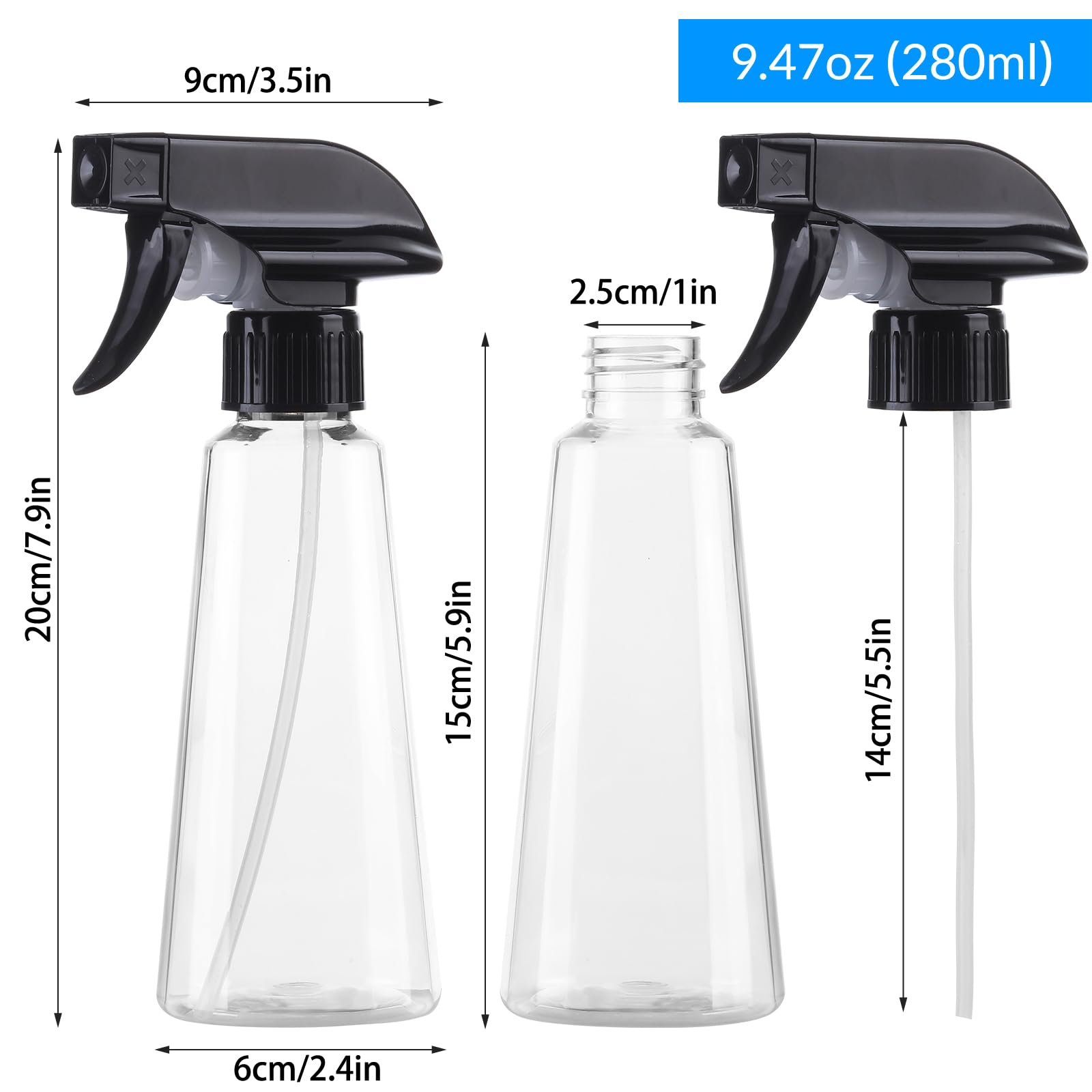 Plastic Spray Bottle 9.5 Oz - 2 Pack Empty Spray Bottle For Hair, Bpa Free Adjustable Mist/Stream For Plants, Cleaning, Pet