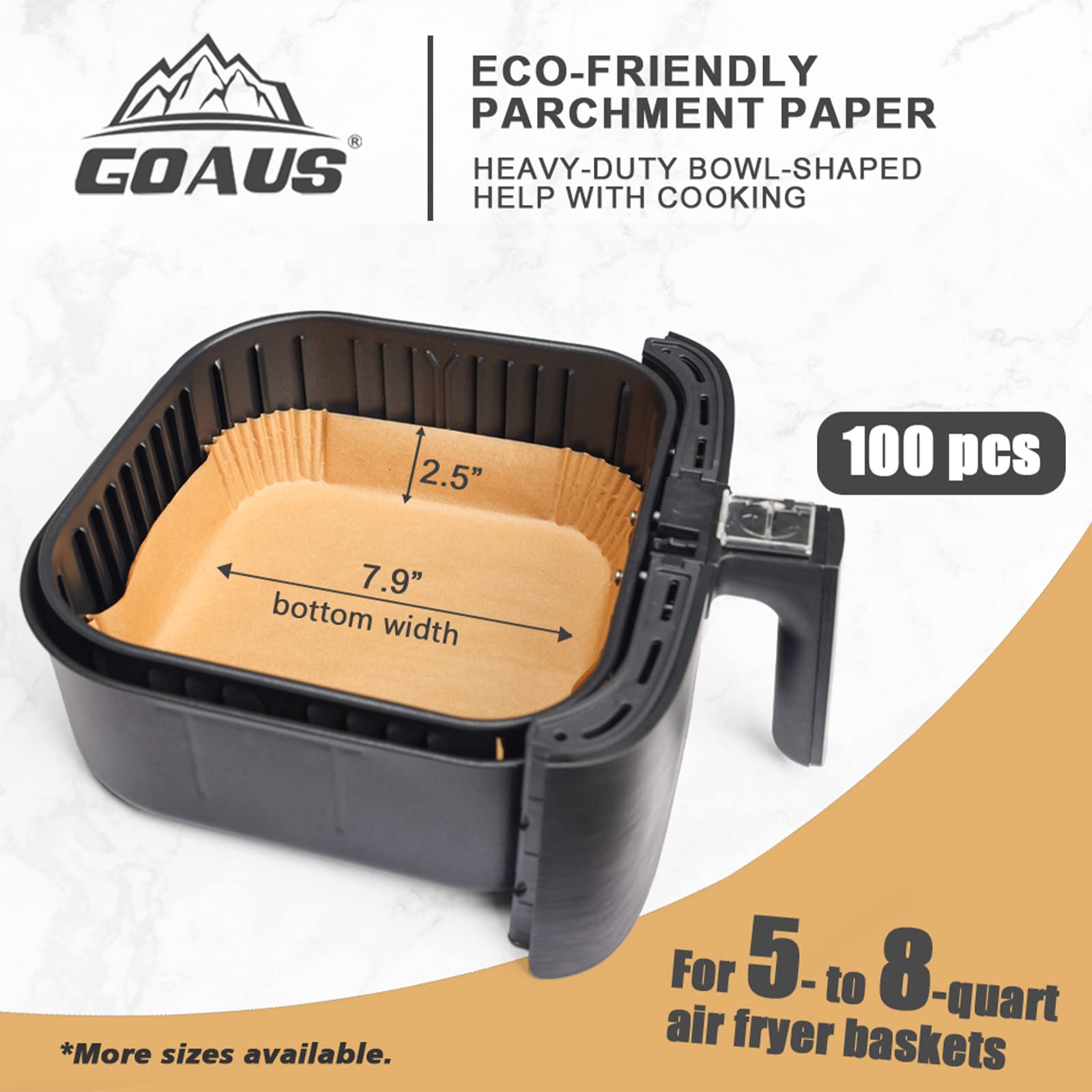 GOAUS Air Fryer 100 Pcs Square Paper Liners Disposable Large for 5 to 8 Qt Basket  7.9 inch Unbleached Non-stick Oil-proof Parchment Paper