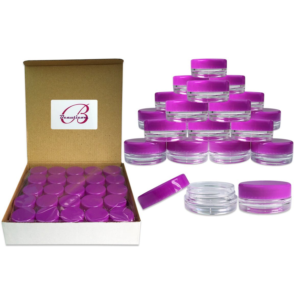 Beauticom (100 Pieces Jars + Lid) 3G/3Ml Round Clear Jars With Purple Screw Cap Lids For Scrubs, Oils, Toner, Salves, Creams, Lo