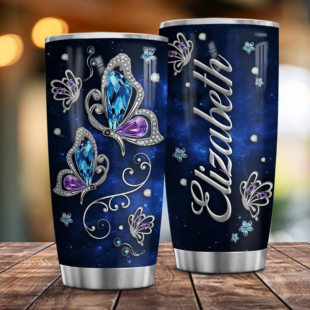 Wassmin Personalized Butterfly Stainless Steel Vacuum Insulated Tumbler With Lid - Custom Name 20 Oz 30 Oz Double Walled Insulat