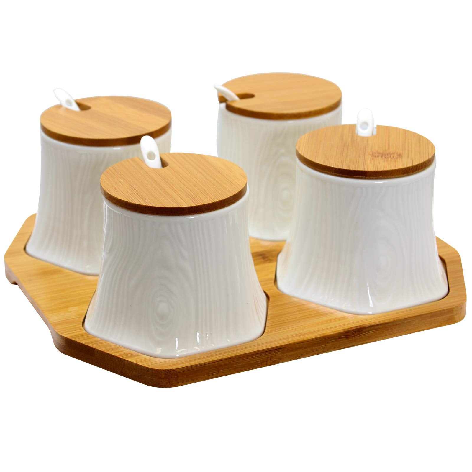 Elama Spice, Jam, Salsa, And Seasoning Ceramic Condiment Serving Jars, 13 Piece, Tall Round In White And Natural Bamboo