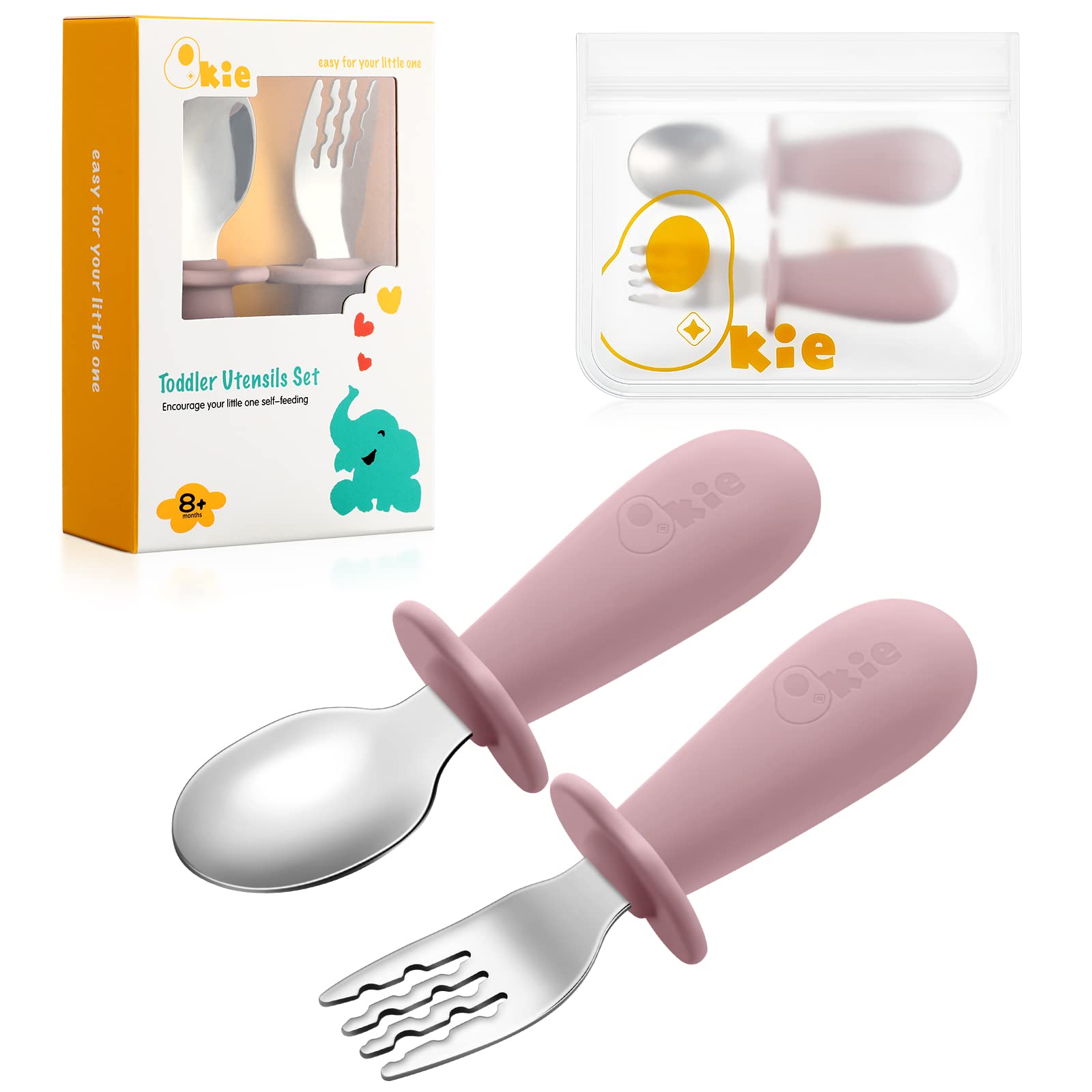 Qkie Toddler Utensils, Toddler Forks and Spoons, Baby Spoons Self Feeding, Stainless Steel Baby Silverware with BPA Free Silicon