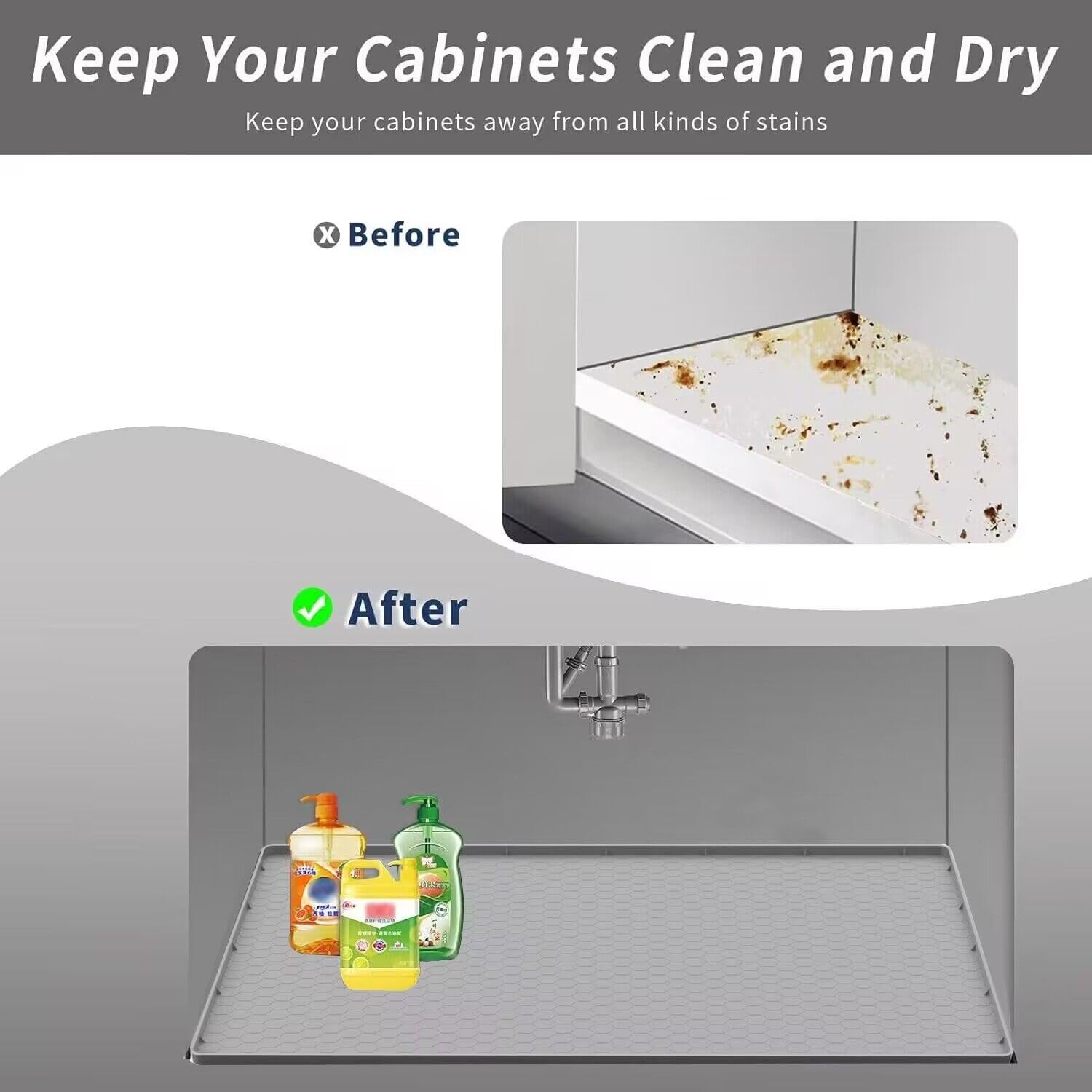 Under Sink Mat For Kitchen Waterproof, 31 X 22 Flexible Silicone Under Sink Liner With Drain Hole, Kitchen Bathroom Cabinet Mat