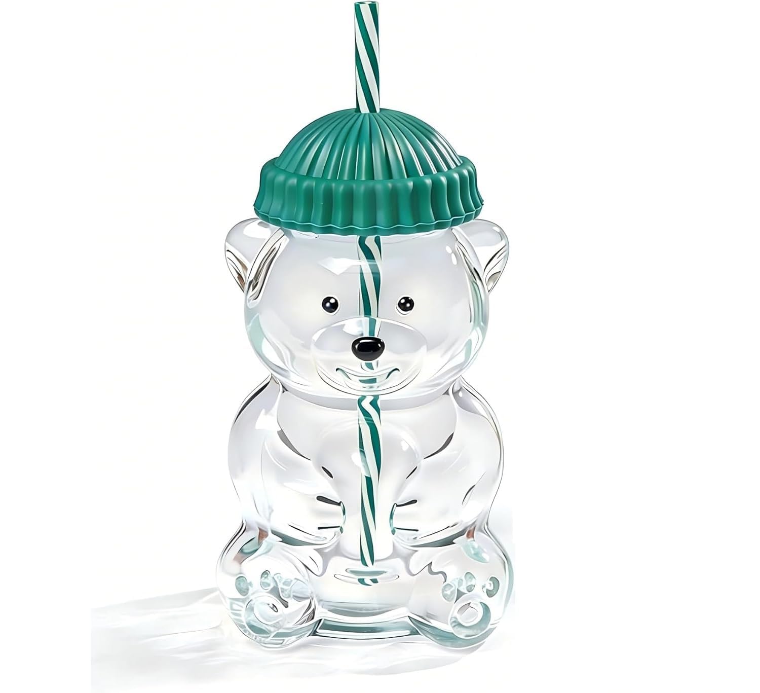 Cute Bear Glass Tumbler 600ml with Straw and Lid, Transparent Teddy Shape Sipper Cup for Coffee Juice Smoothies Boba Drinks, Hom