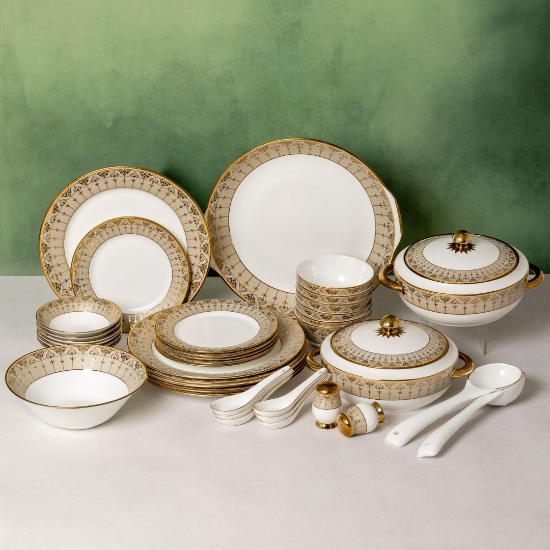 Clay Craft Georgian Ebony 40 Piece Dinner Set | Fine Ceramic |For Family Of 6| Dinner Plates, Bowls & Serving Set | Elegant Desi