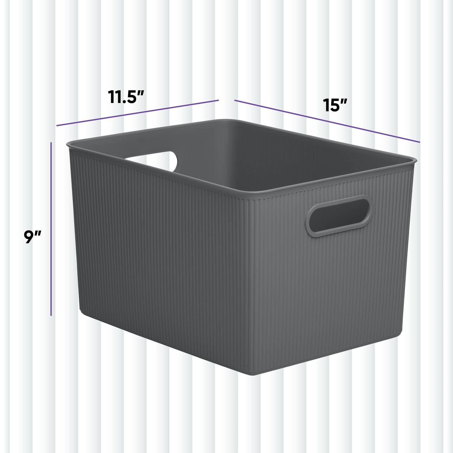 Superio Ribbed Collection - Decorative Plastic Open Home Storage Bins Organizer Baskets, X-Large Grey (1 Pack) Container Boxes F