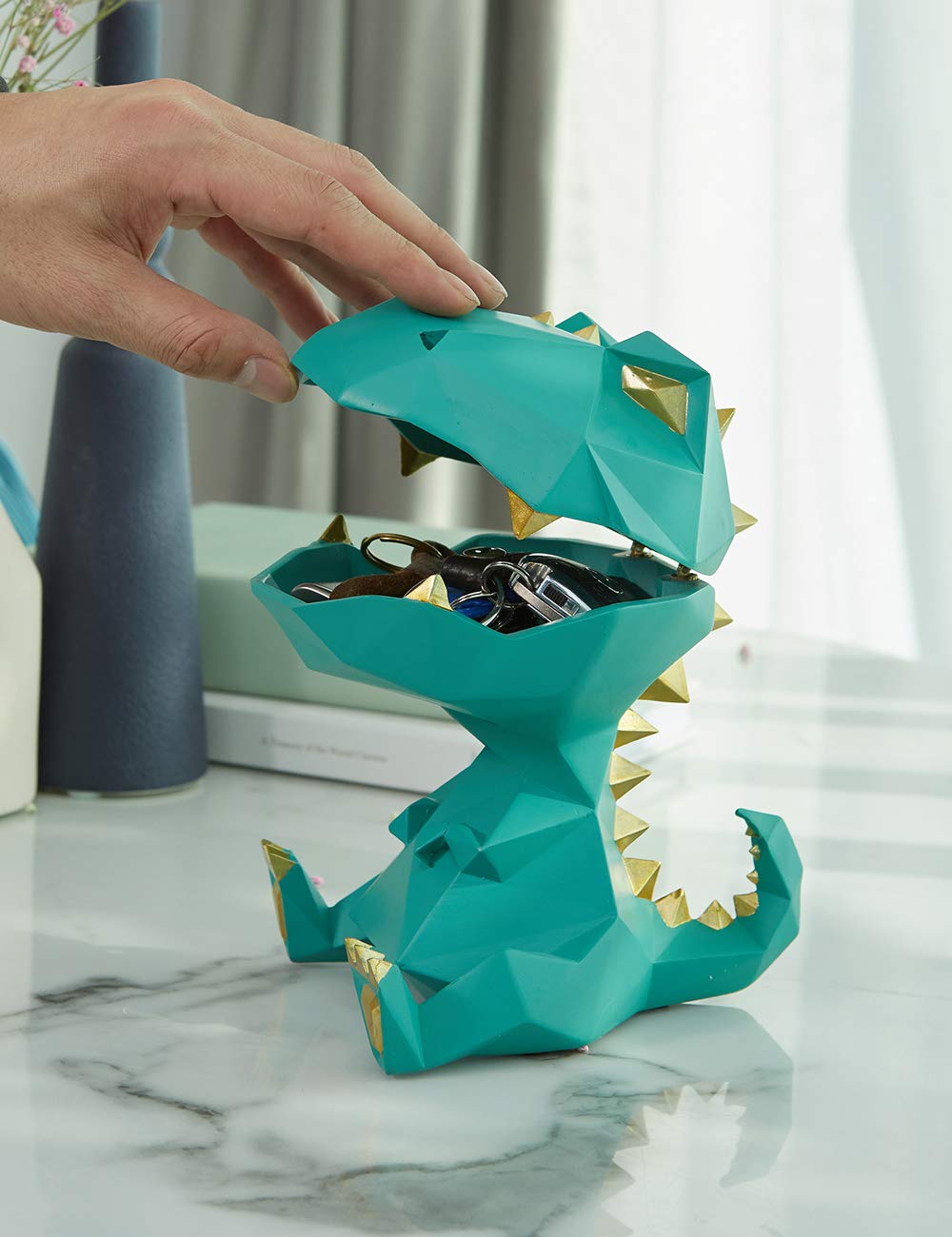 Haucoze Dinosaur Cookie Jar Candy Dish Dino Gifts Sculpture Home Decor Modern Room Accessories Pop Arts Polyresin Green 7.1Inch