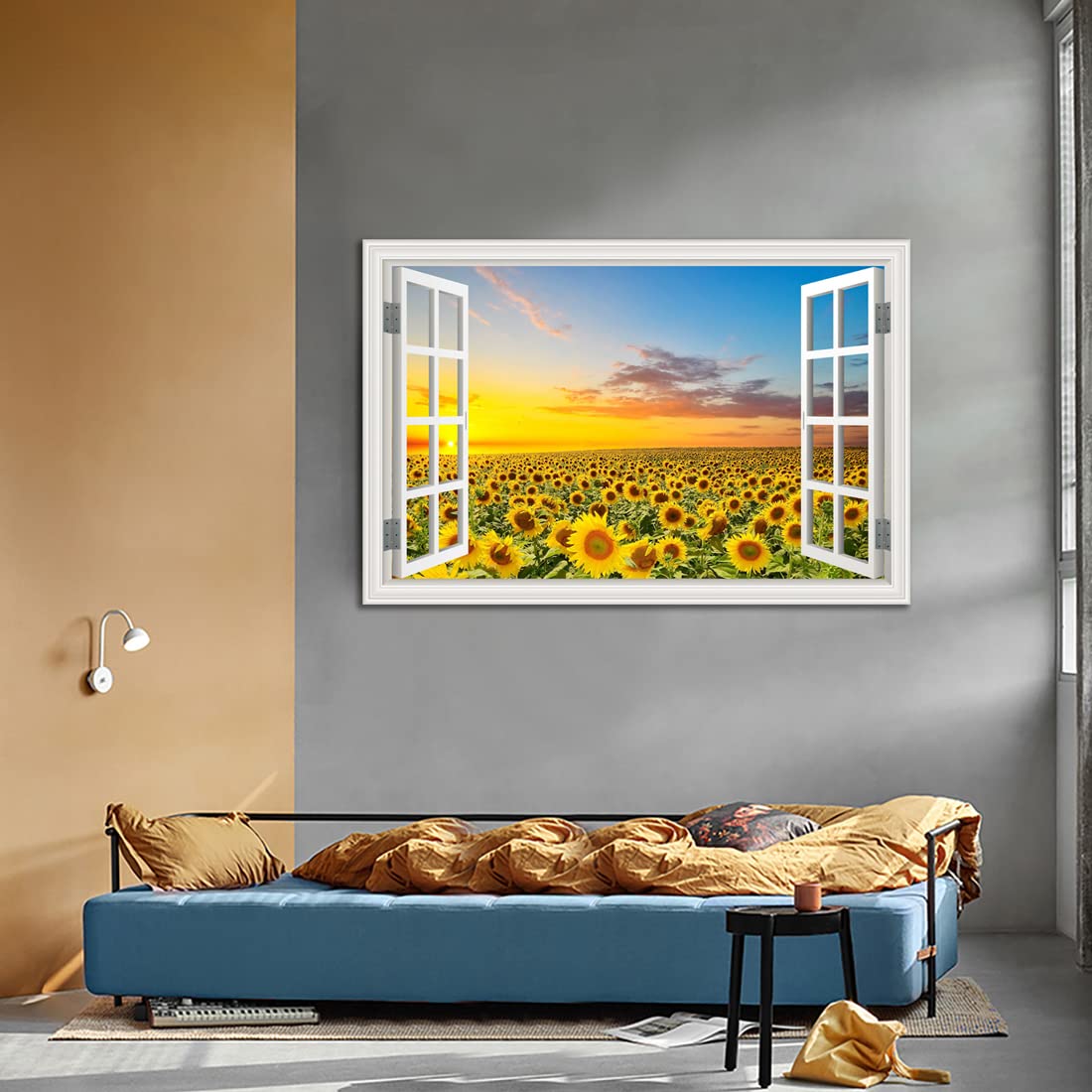 Sunflower Wall Art Decor For Living Room Window Style Sunset Canvas Picture For Bedroom Realism Yellow Flowers Filed Artwork For