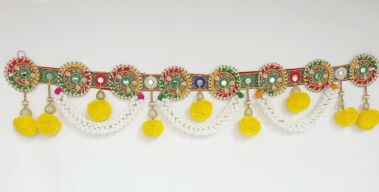 Divyakosh Toran/Bandanwar for Home Decoration and Office, Round Embroidery Work and Pom Pom Mogra Flower Toran Traditional Decor