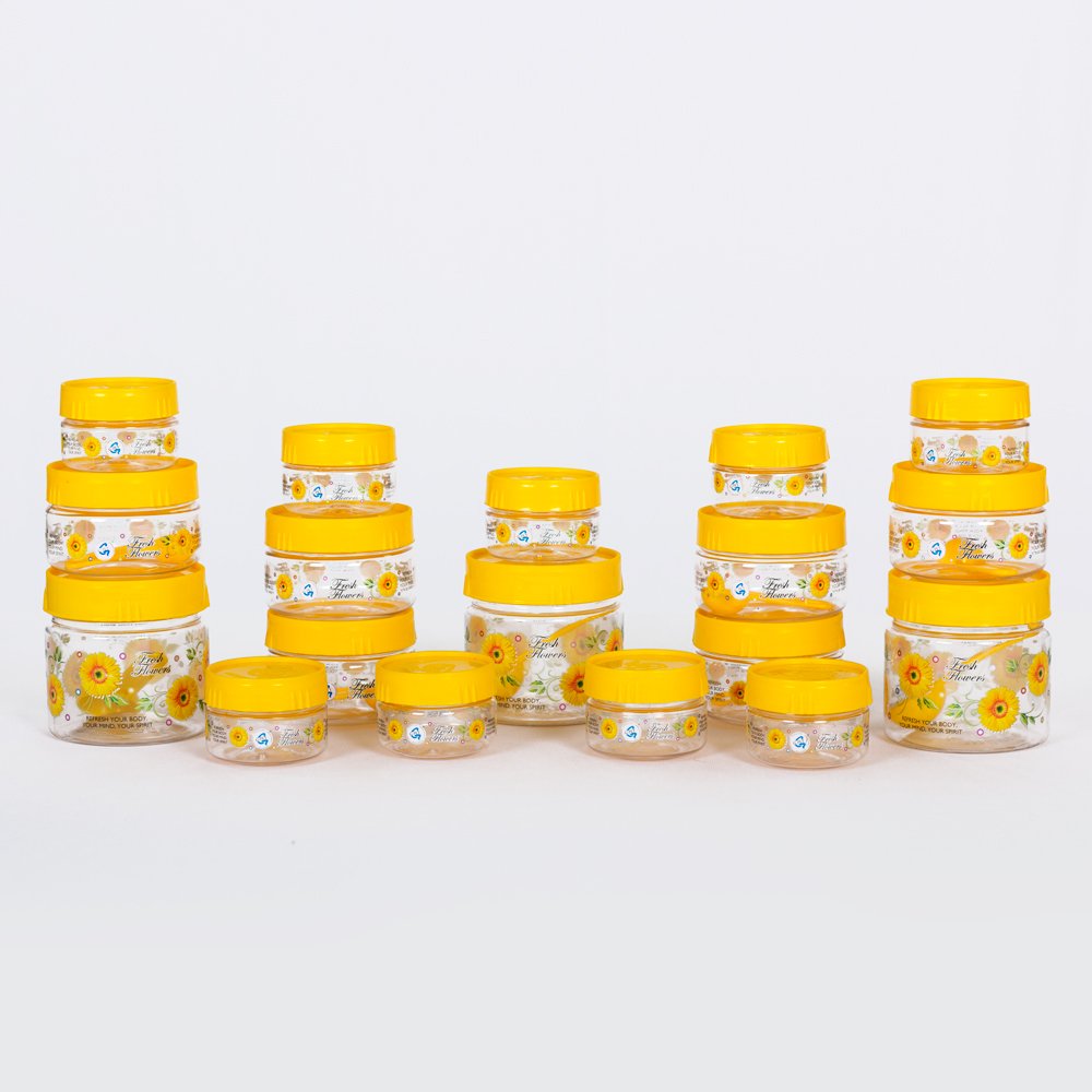 Gpet Print Magic Container Yellow Pack Of 18  Plastic Grocery Container | Home Kitchen Container | Plastic Jar Set, Standard (P