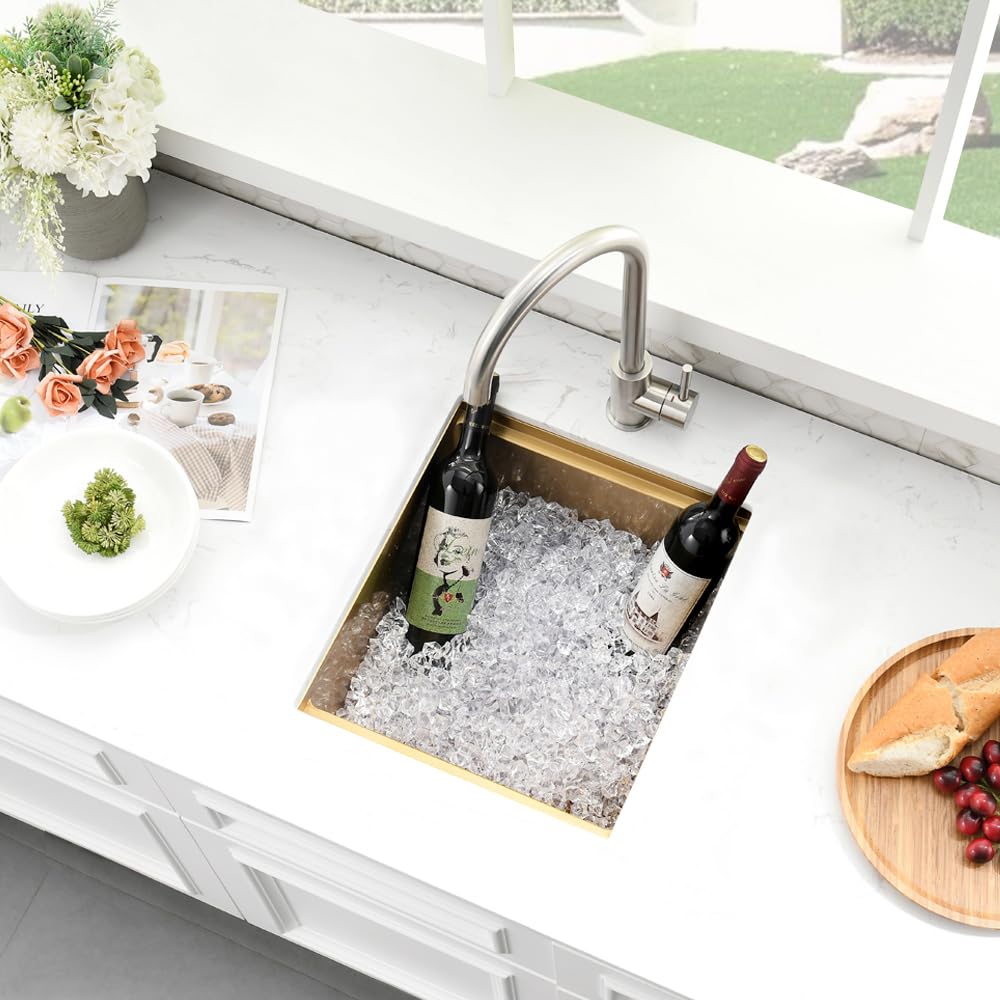 Boomhoze Gold Bar Sink, 15 X 17 Inch Kitchen Sink Undermount Small Bar Sink 16 Guage Stainless Steel Gold Sink Wet Bar Sink Rv S