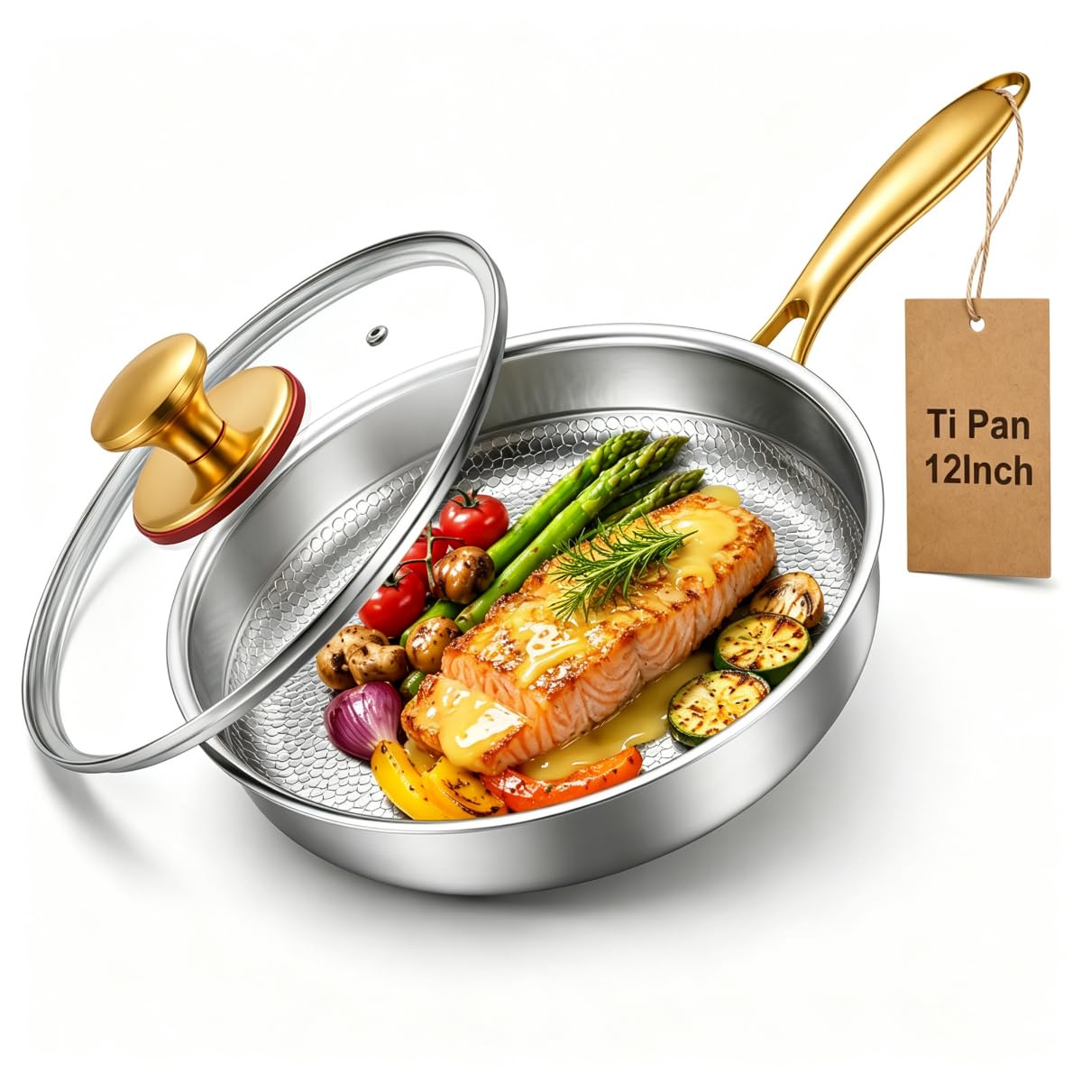 Abijan Titanium Pans for Cooking | 12 Pure Titanium Hammered Pro frying au gratin pan with Lid | NonToxic Skillet | PFAS/PFOA/