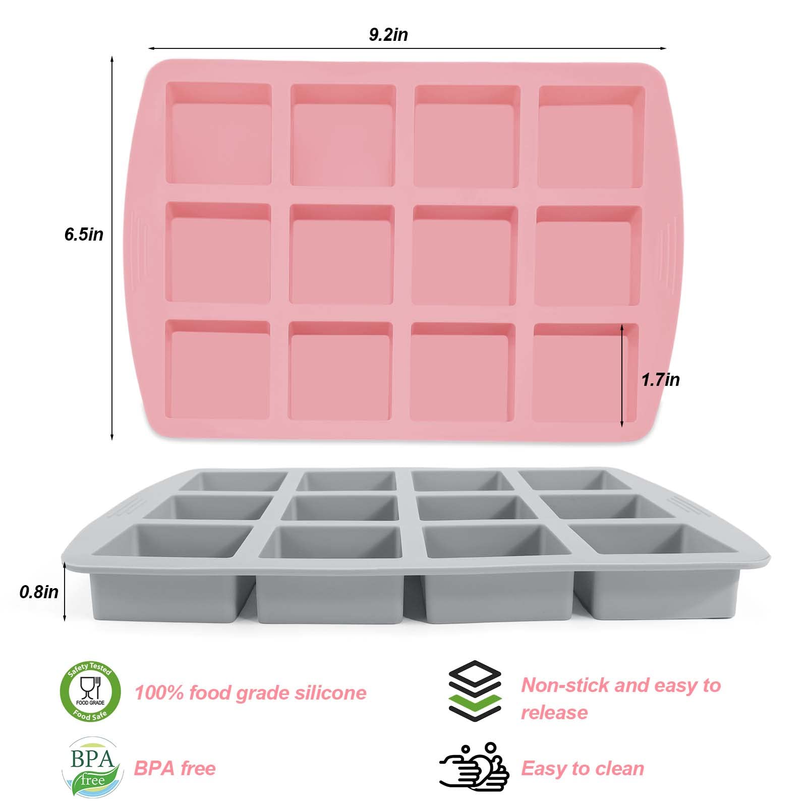 Vodolo Brownie Pan Set, 2 Nonstick Silicone Molds with Dividers, 12 Cavity, Red, Model 1