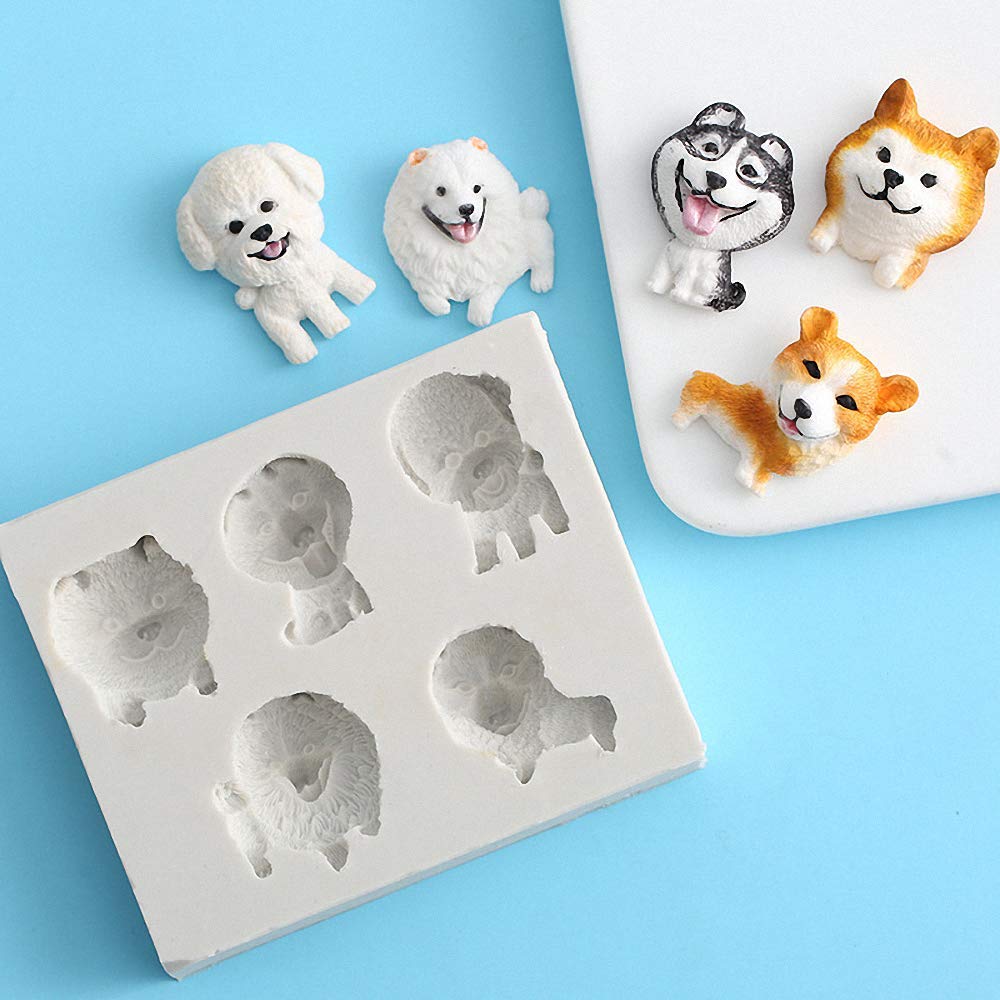 5-Cavity Puppy Dogs Fondant Mold Shiba Inu Corgi Teddy Bear Dog Samoyed Husky Silicone Chocolate Candy Gumpaste Sugarcraft Mould