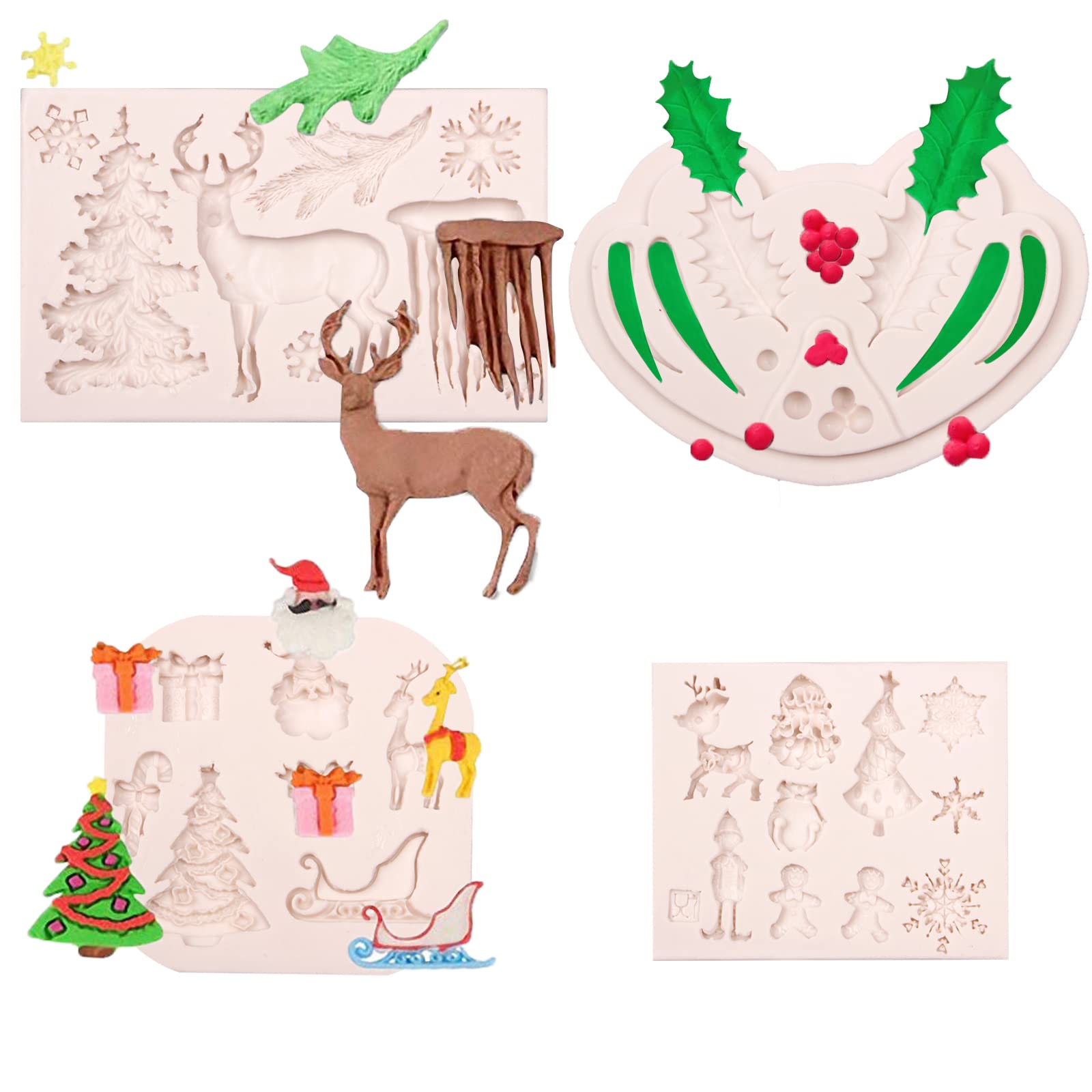 Christmas Theme Silicone Molds 4 Pcs, Christmas Tree Elk Snowflake Icicle Deer Candy Fondant Mold For Cake Decoration, Candy Sug