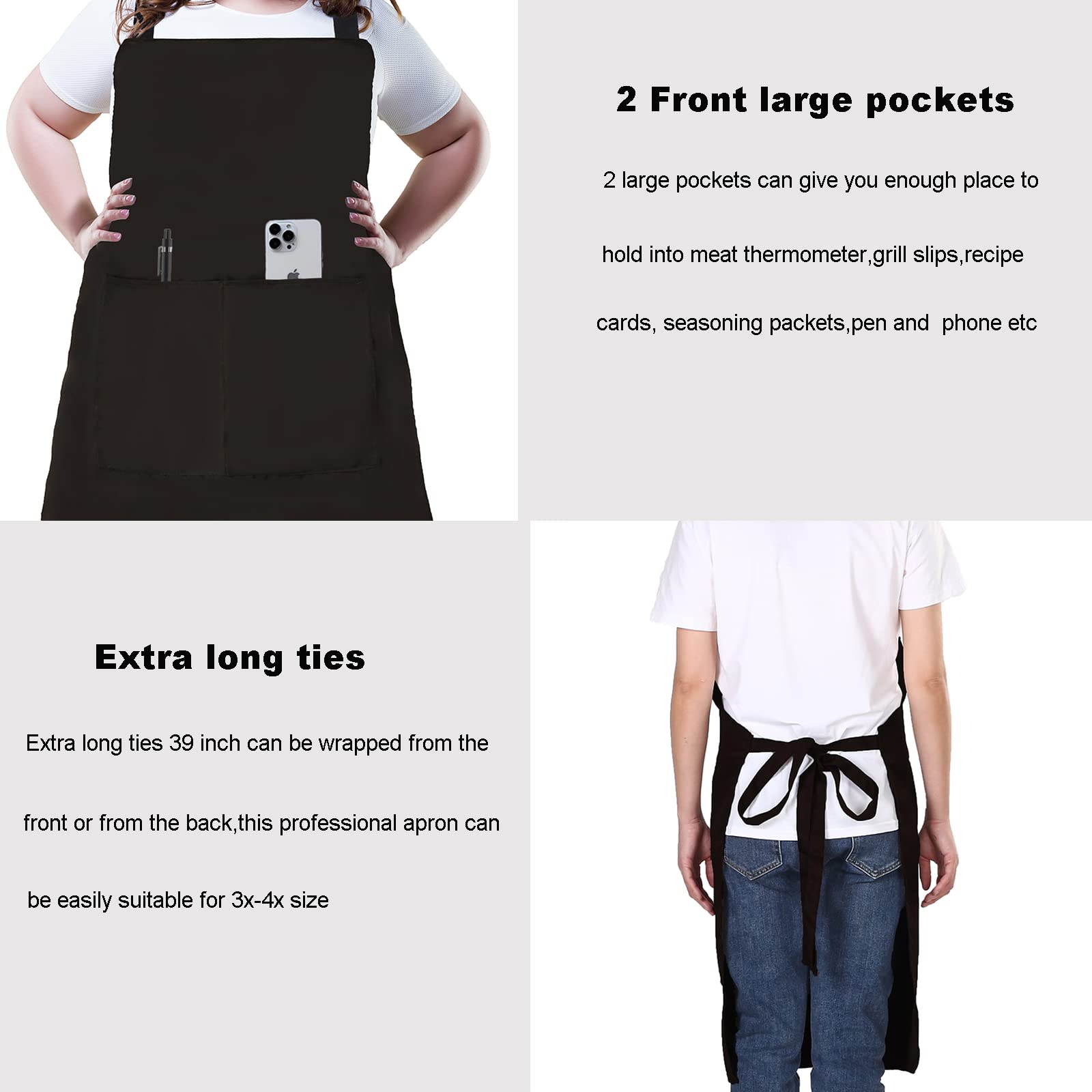 Missowl 2 Pack Adjustable Bib Apron With 2 Pockets Long Ties Kitchen Cooking Chef Aprons For Women Men Black