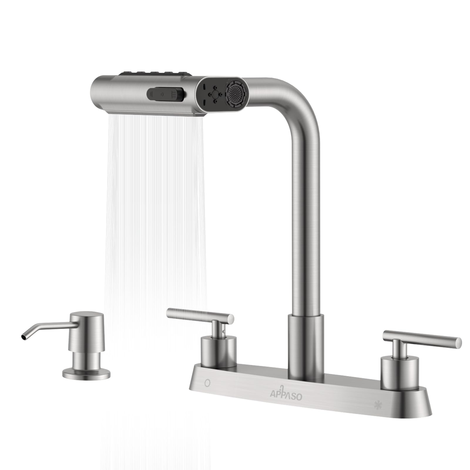APPASO Waterfall 4 Hole Kitchen Faucet, 5 Modes Two Handle Kitchen Faucets with Soap Dispenser, Modern Multifunctional Kitchen S