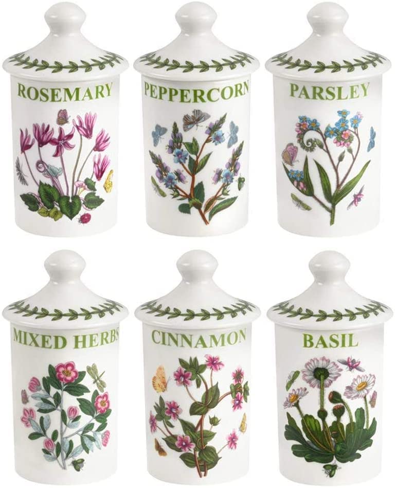 Portmeirion Botanic Garden 4.5'' Spice Jars - Set of 6 | Assorted Floral Motifs | Airtight Container | Fine Porcelain | Ideal fo