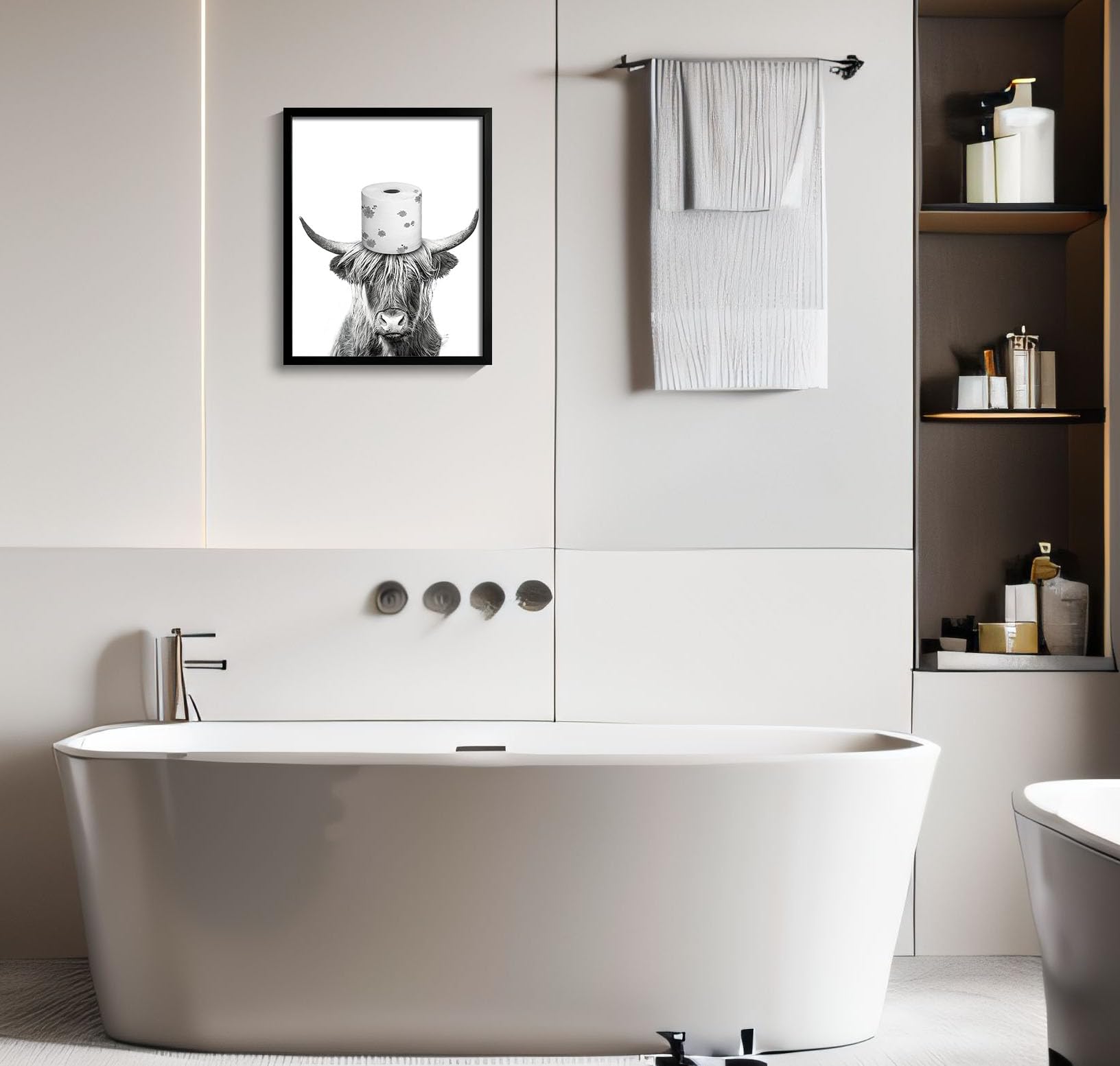Black And White Highland Cow Wall Art, Framed Funny Bathroom Wall Decor, Cute Highland Cow Canvas Print, Funny Kid'S Room Decor