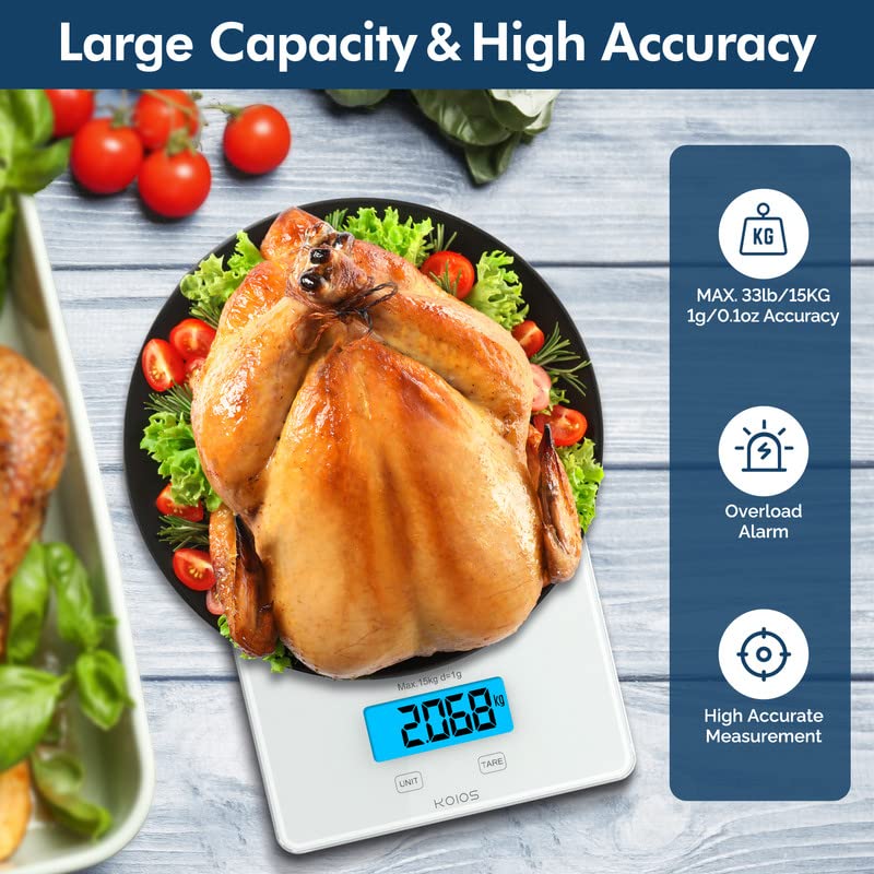 Koios Usb Rechargeable Food Scale, 33Lb/15Kg Kitchen Scale Digital Weight Grams And Oz For Cooking Baking, 1G/0.1Oz Precise Grad
