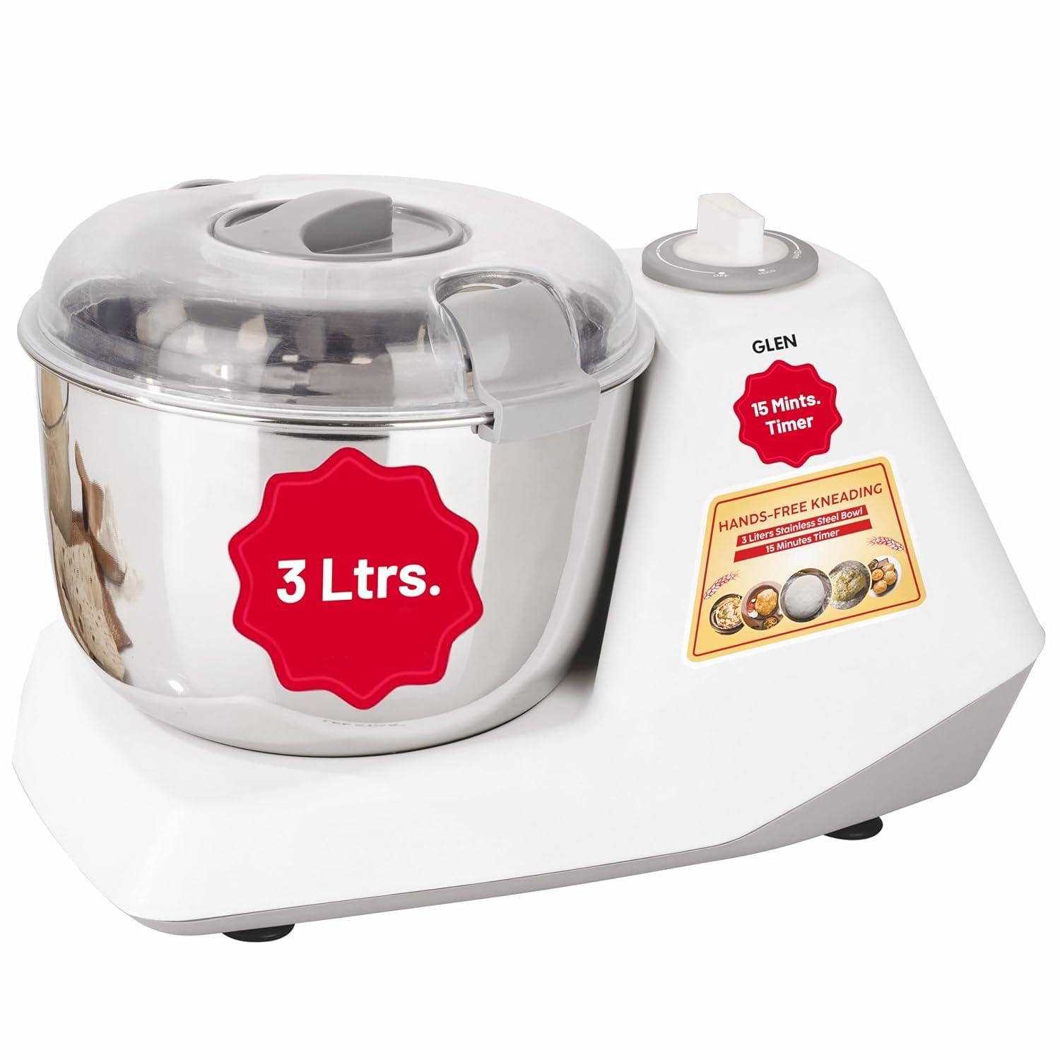 Glen Automatic Electric Atta Maker Machine, 3 Litre, 650W, Dough Kneader, Dough Mixer With Large Stainless Steel Bowl With Lid, 