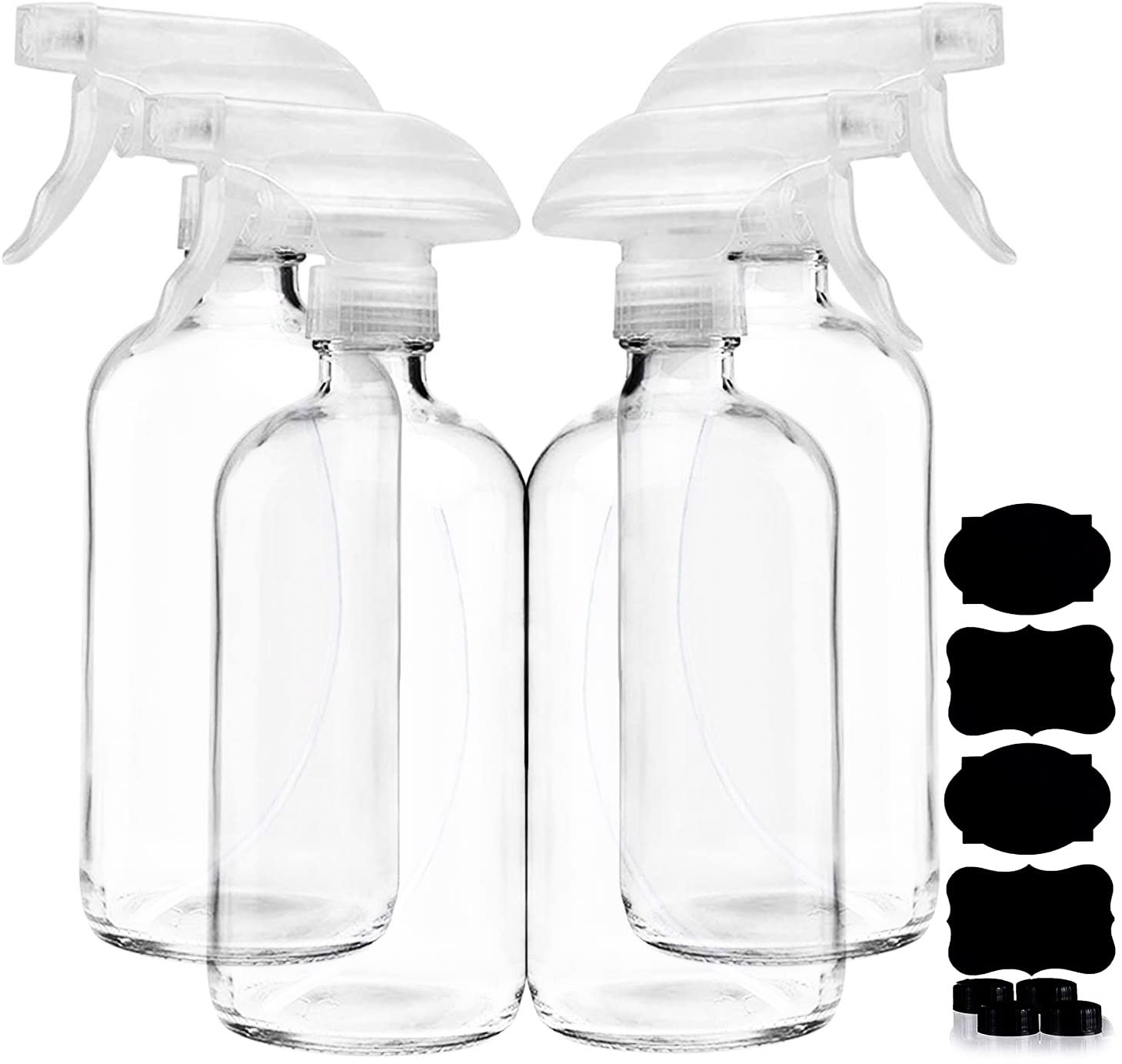 Clear Glass Spray Bottles For Cleaning Solutions (4 Pack) - 16 Ounce, Refillable Sprayer For Essential Oil, Water, Kitchen, Hair