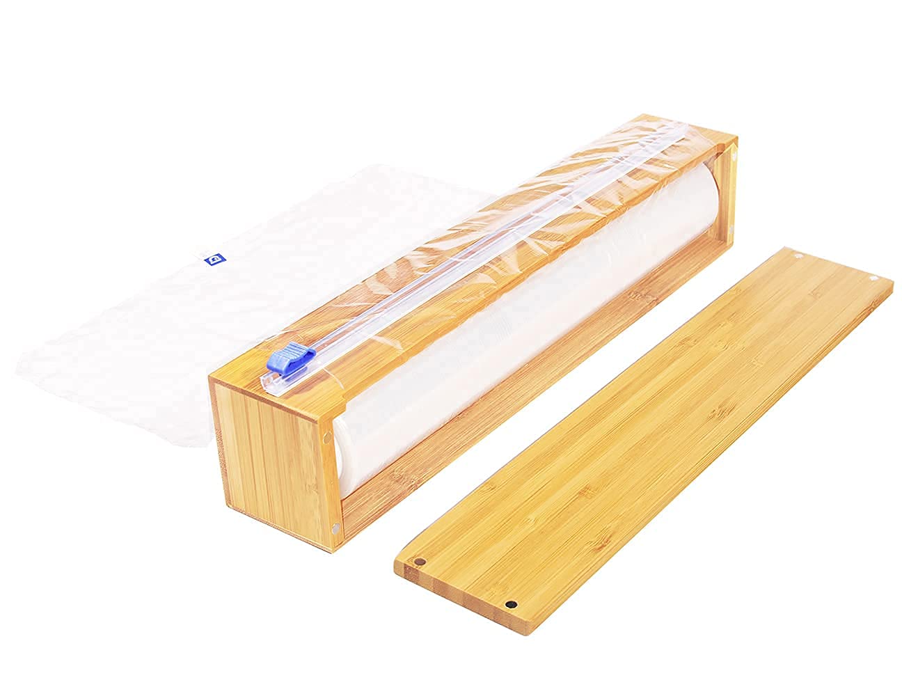 Plastic Wrap Dispenser, Bamboo Wood Cling Food Wrap Dispenser, With Slide Cutter & A Roll Of 11.5'' X300 Ft Bpa Free Plastic Wra
