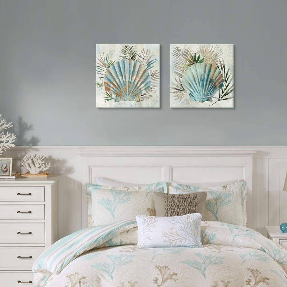 JAPO ART Turquoise Shell by PI Creative Art Modern Canvas seashells Wall Pictures Giclee Artwork Print on Canvas Framed Stretched Decor for Living Room Bedroom 12 x 12 inch x 2 pcs