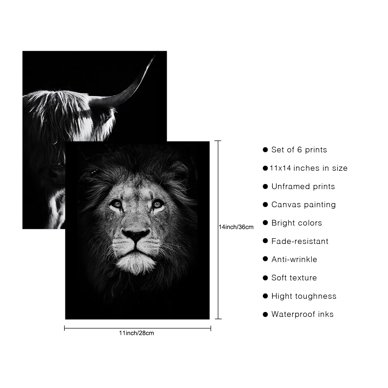 Black And White Animals Wall Art Prints Set Of 6 Animal Pictures Cow Print Decor Elephant Wall Decor Canvas Animal Wall Art Post