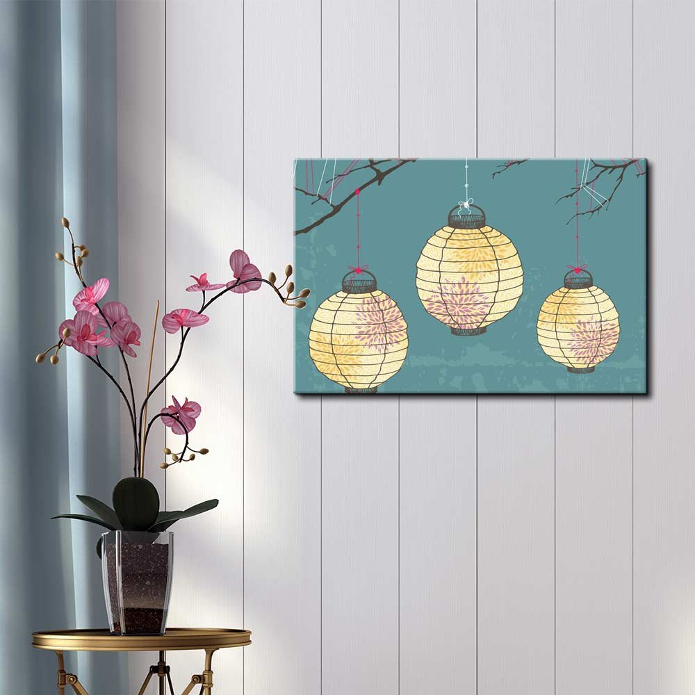 Wall26 - Vector Japanese Lanterns With Designs Hanging On Branches - Canvas Art Home Art - 32X48 Inches