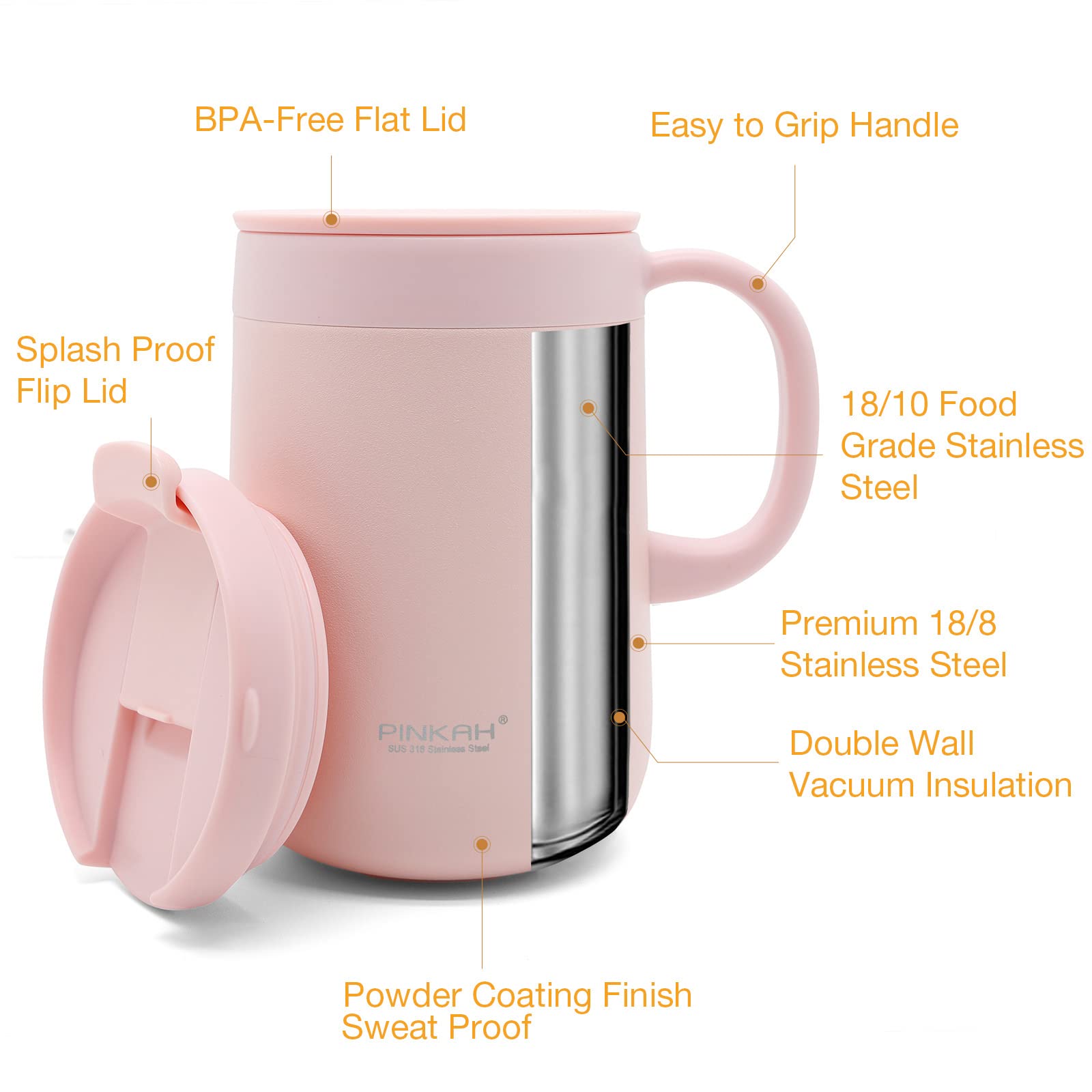 Pinkah Stainless Steel Coffee Mug With Lid And Handle, Double Wall Vacuum Insulated Cup, 16Oz, Pink