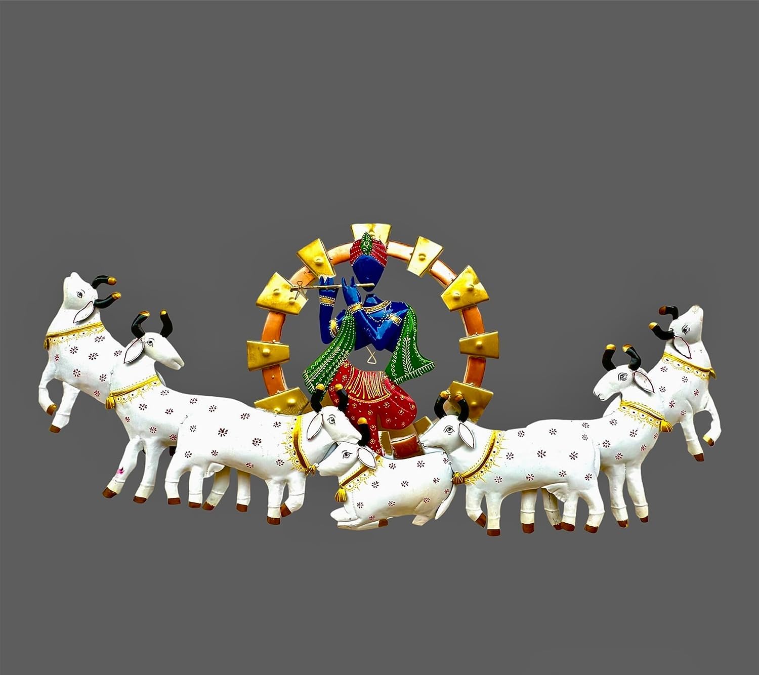 Metal Krishna Playing Basuri With Cow Wall Hanging For Home Decoration, Wall Sculpture For Living Room, Wall Hanging Decorative