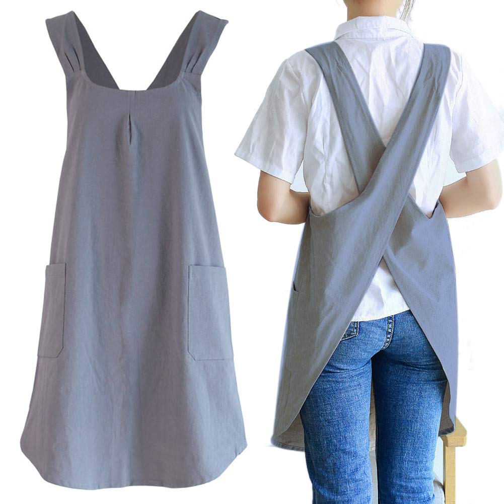 Newgem Japanese Linen Cross Back Kitchen Cooking Aprons For Women With Pockets Cute For Baking Painting Gardening Cleaning Gray
